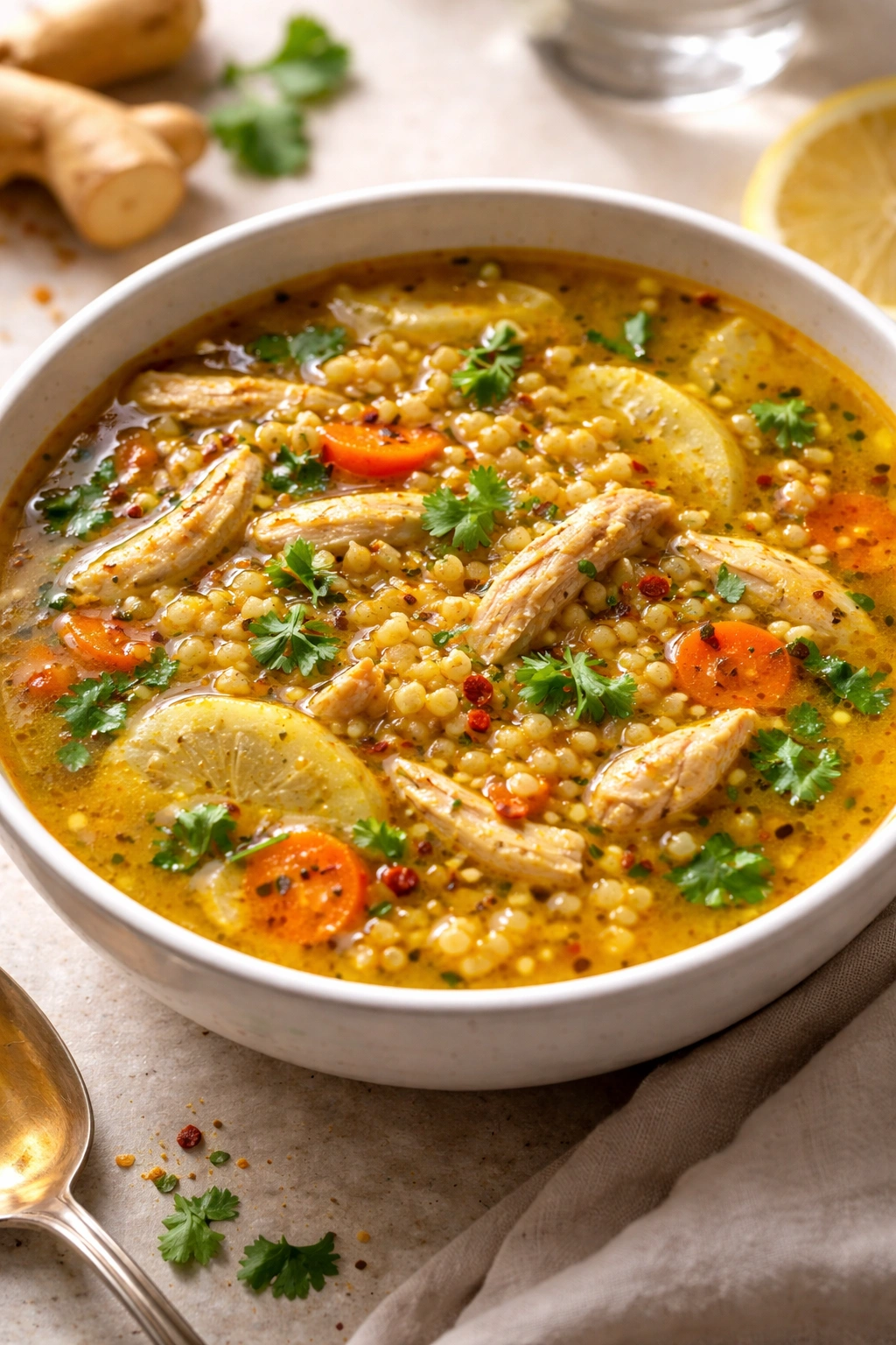 Ginger-turmeric chicken soup with garlic and pearl couscous in a bowl