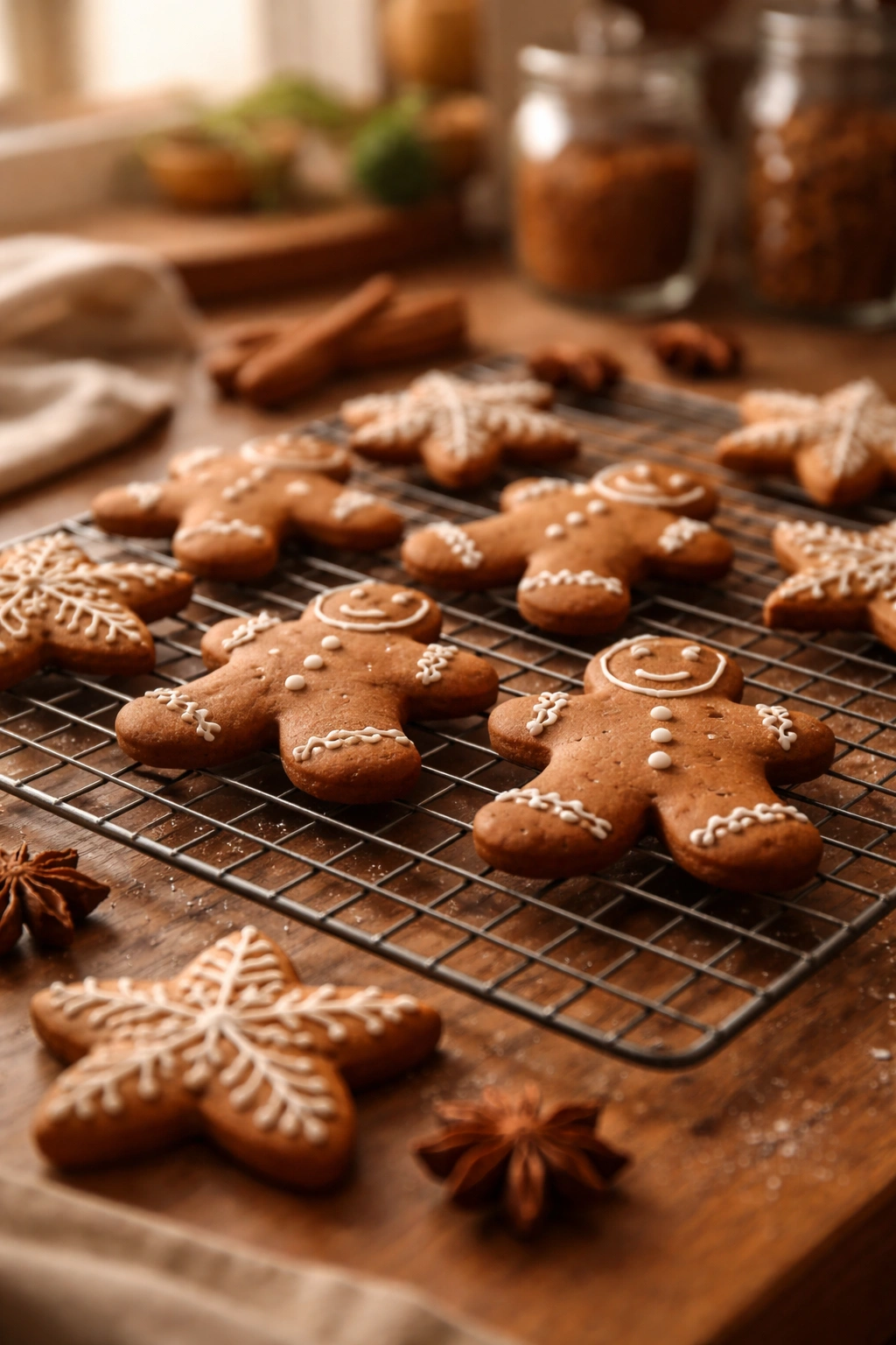 Freshly baked gingerbread cookies cooling on a wire rack in a cozy kitchen