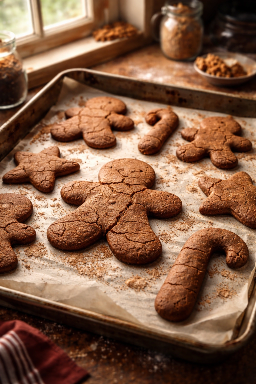 Close-up of imperfect gingerbread cookies on parchment showing spread and cracks