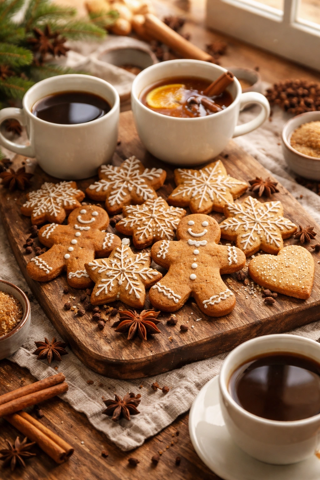 Gingerbread cookies with coffee and tea on a rustic board in a warm kitchen