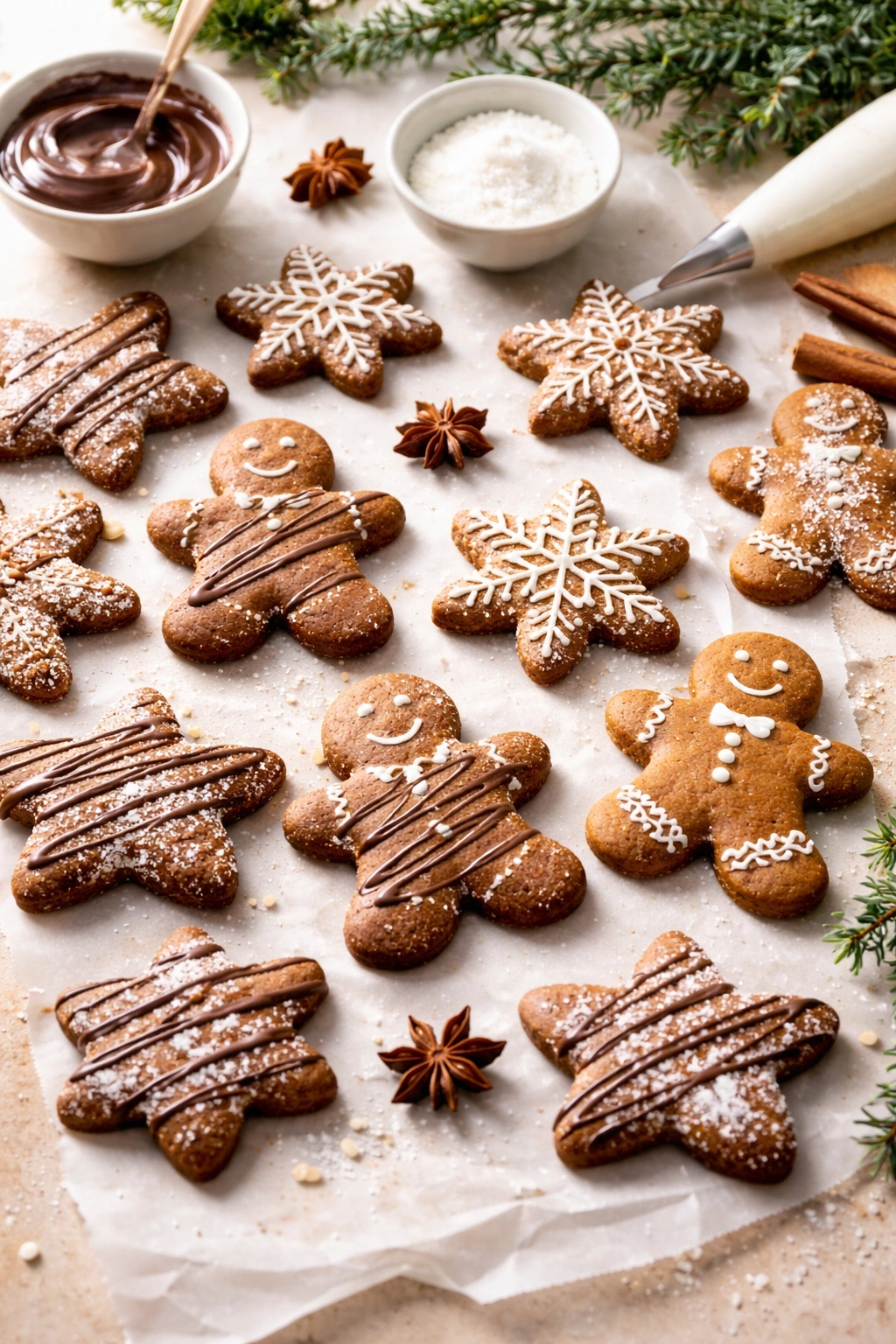 Gingerbread cookies with sugar coating and chocolate drizzle