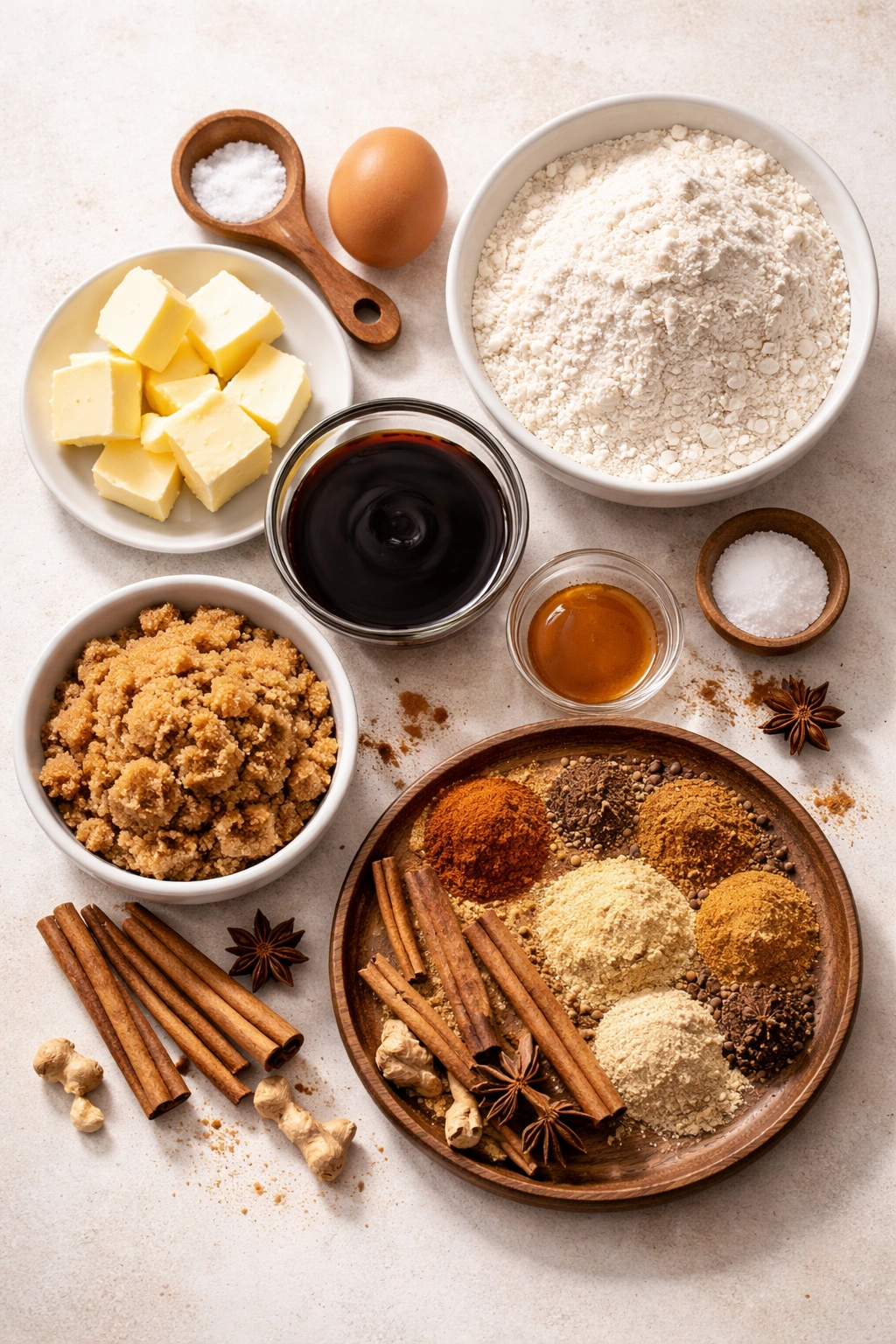 Flat lay of gingerbread dough ingredients on a clean countertop