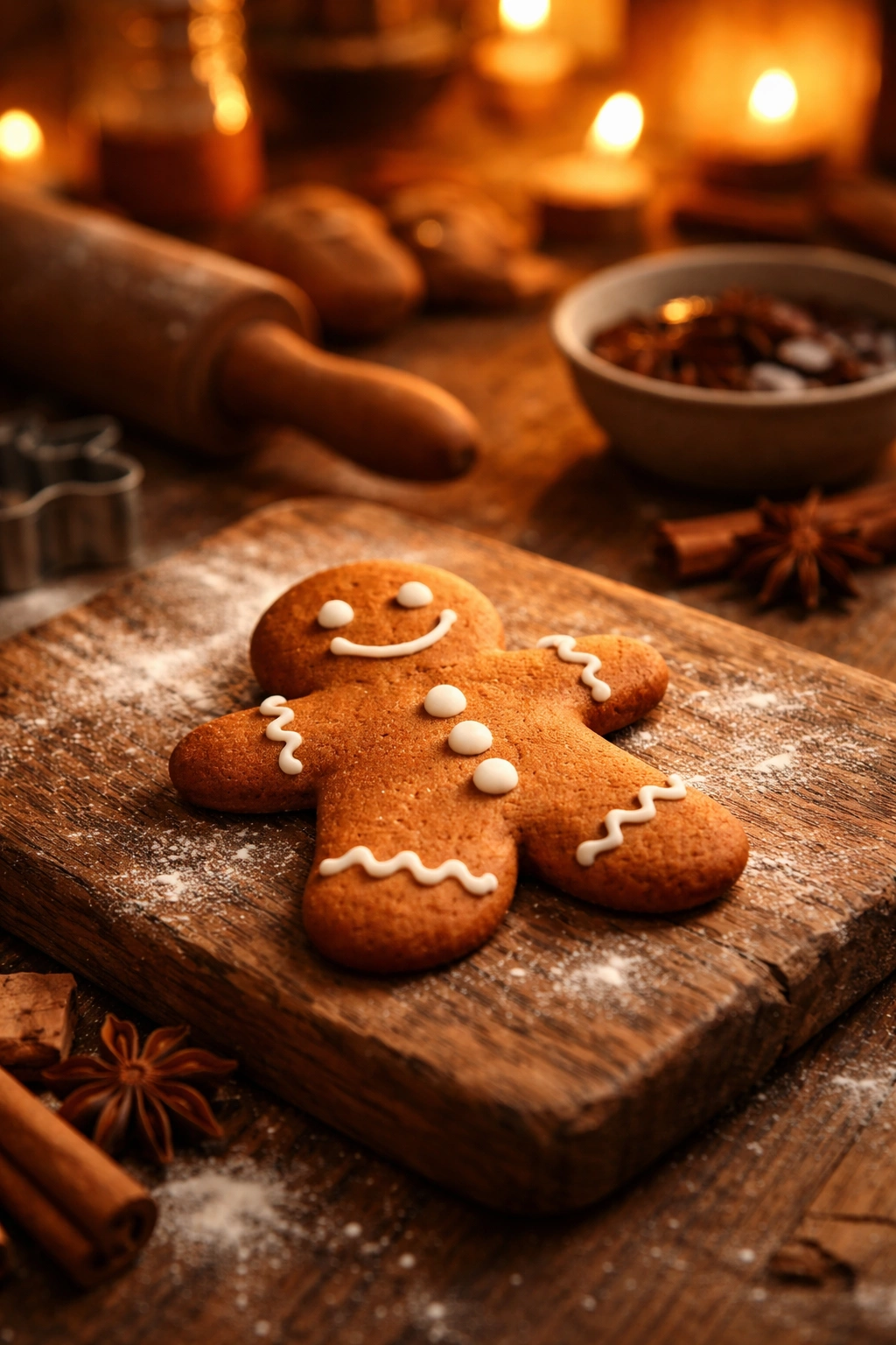 Close-up of a gingerbread cookie on a rustic board with warm kitchen light