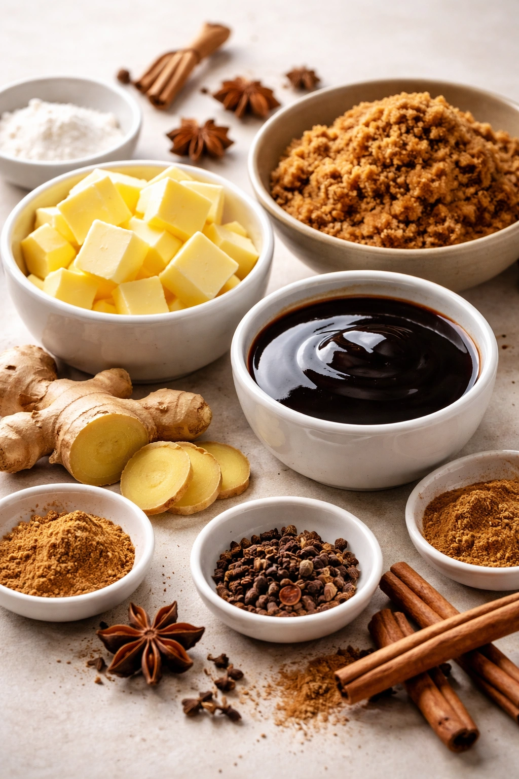 Close-up of butter, molasses, and brown sugar in small bowls