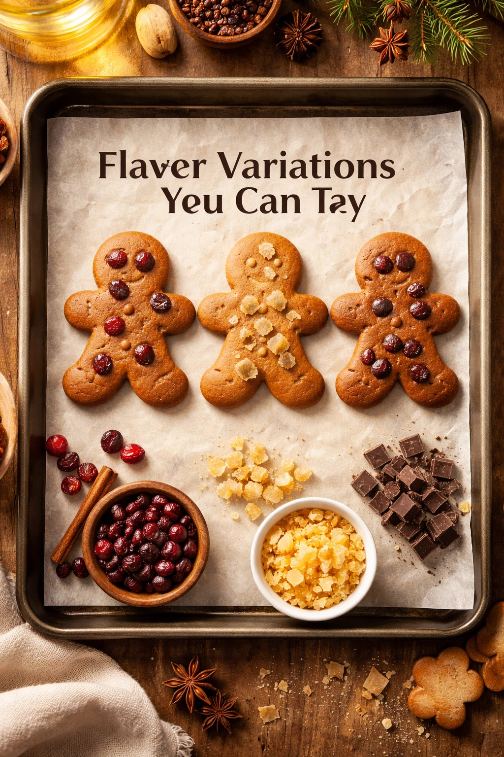 Three gingerbread cookies with cranberries, candied ginger, and chocolate