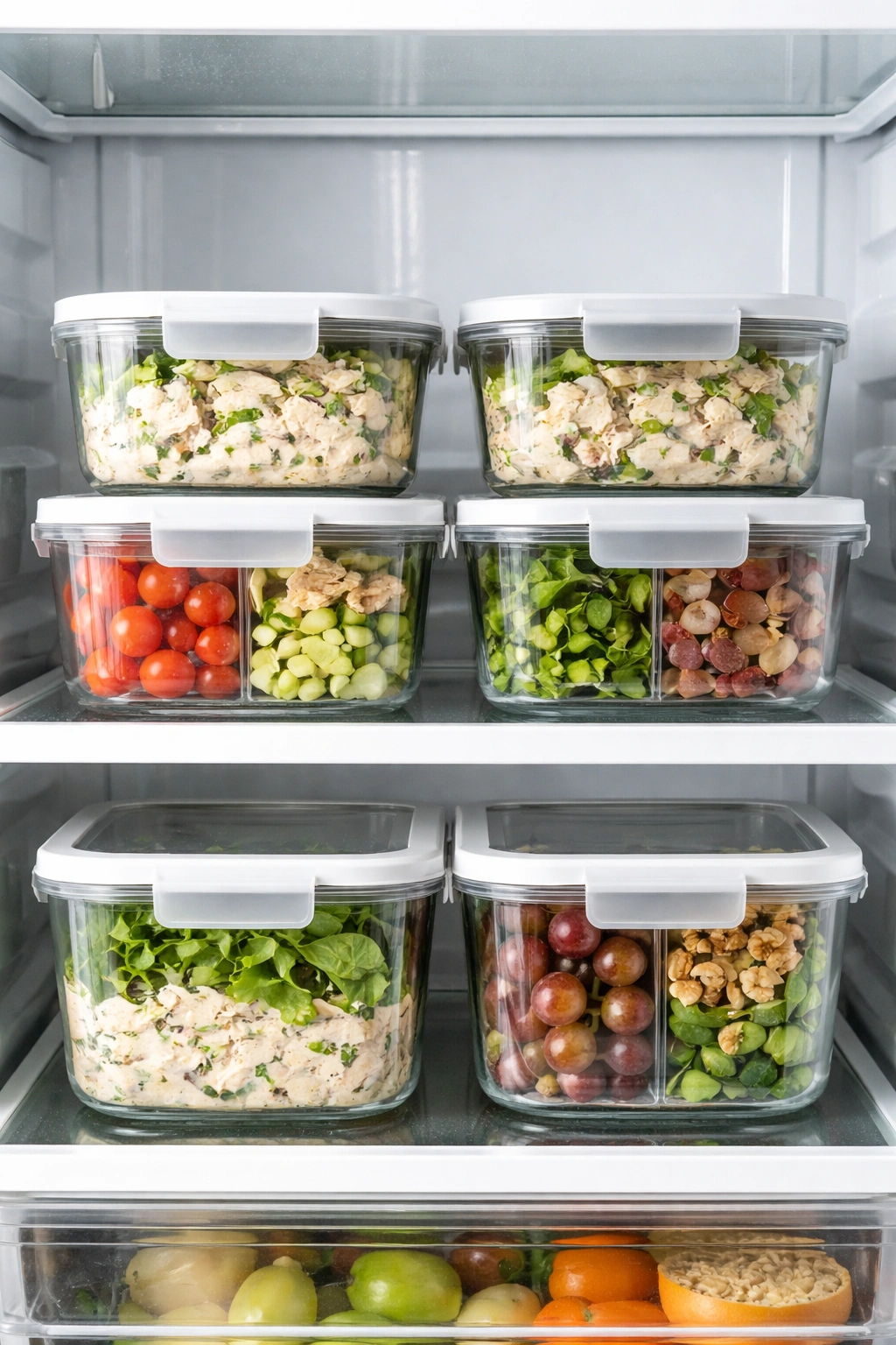 Stacked glass airtight containers in fridge