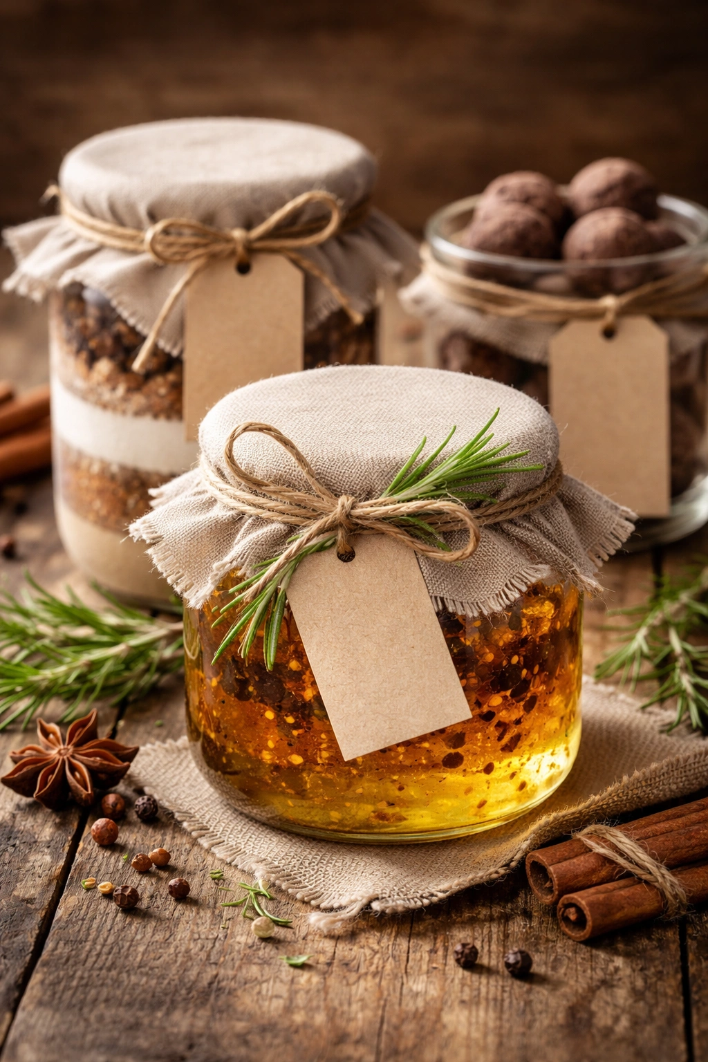 Close-up of glass jars with layered contents, linen lid wraps, twine, blank tags, and rosemary sprig on rustic wood.