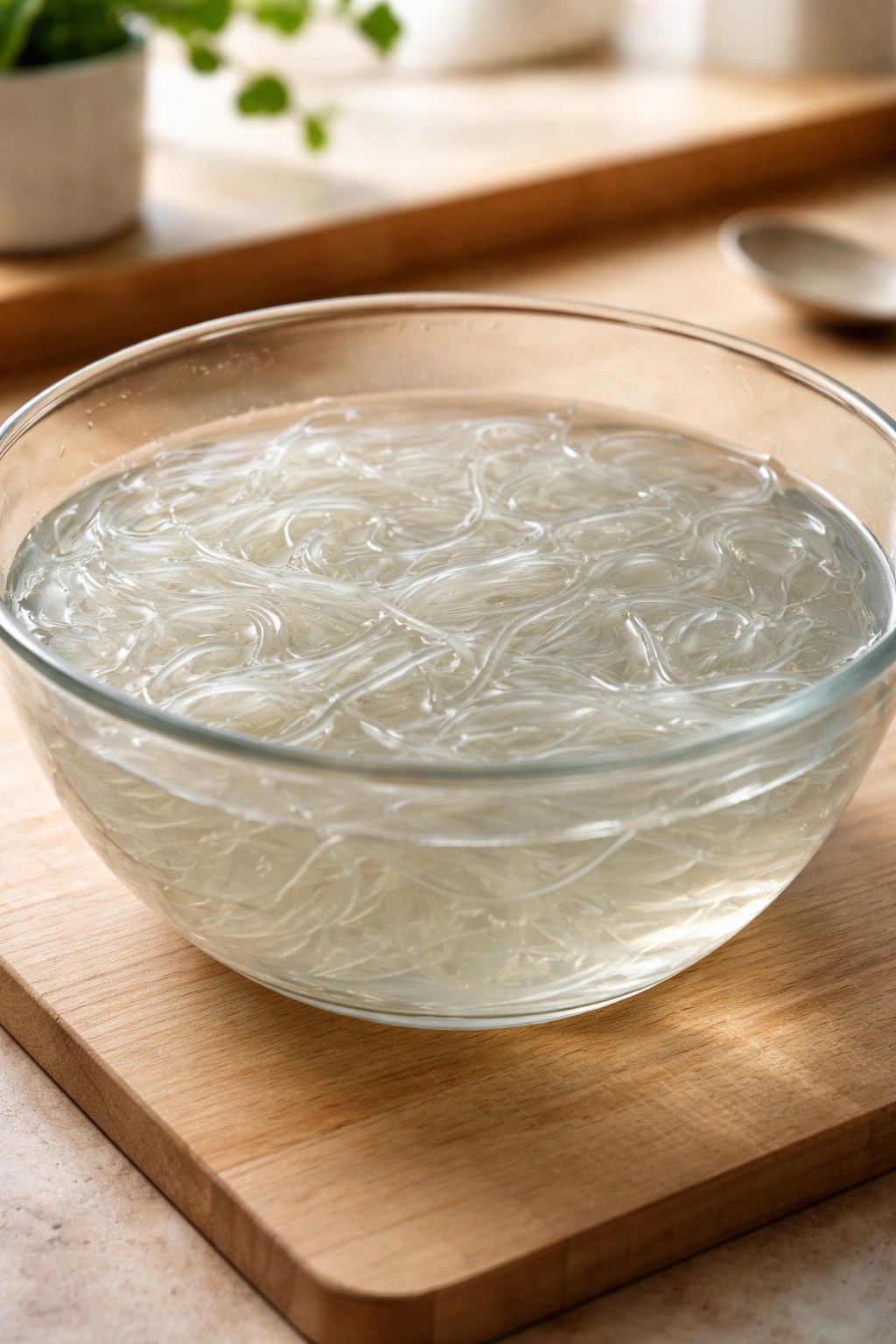 Close-up of soaked glass noodles in water in a glass bowl with soft lighting