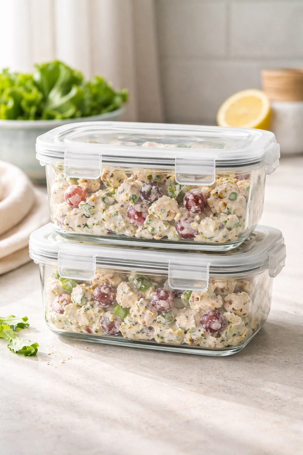 Glass containers with chicken salad on counter