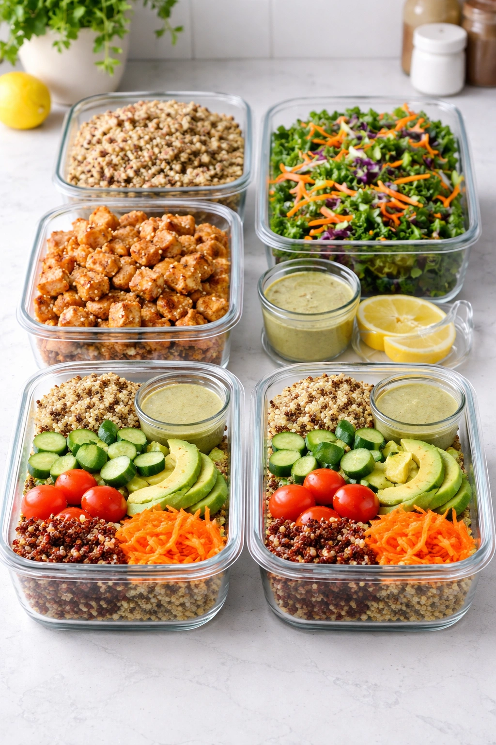 Clear glass storage containers on a clean kitchen counter