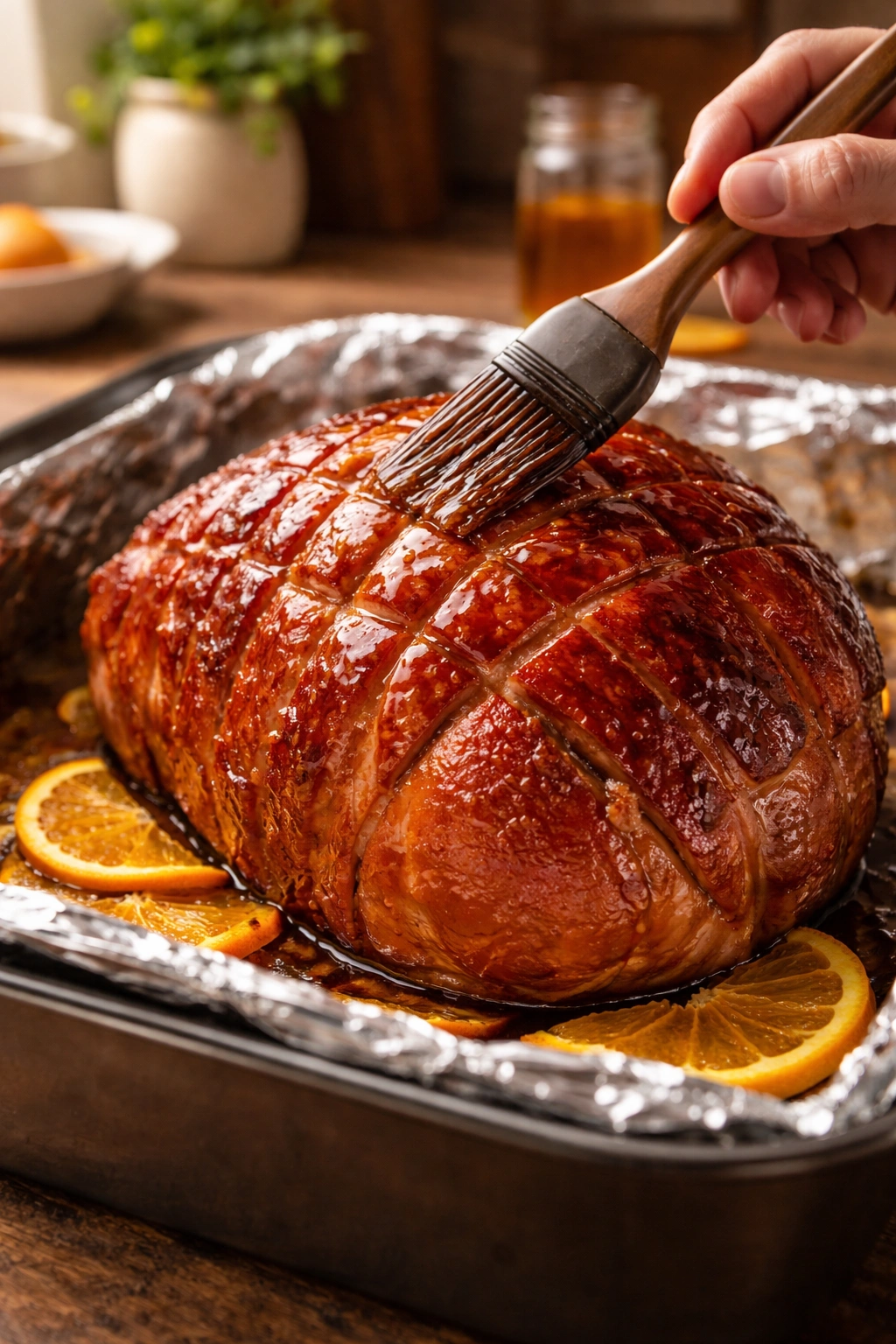 Hand brushing glaze onto roasted ham to prevent drying