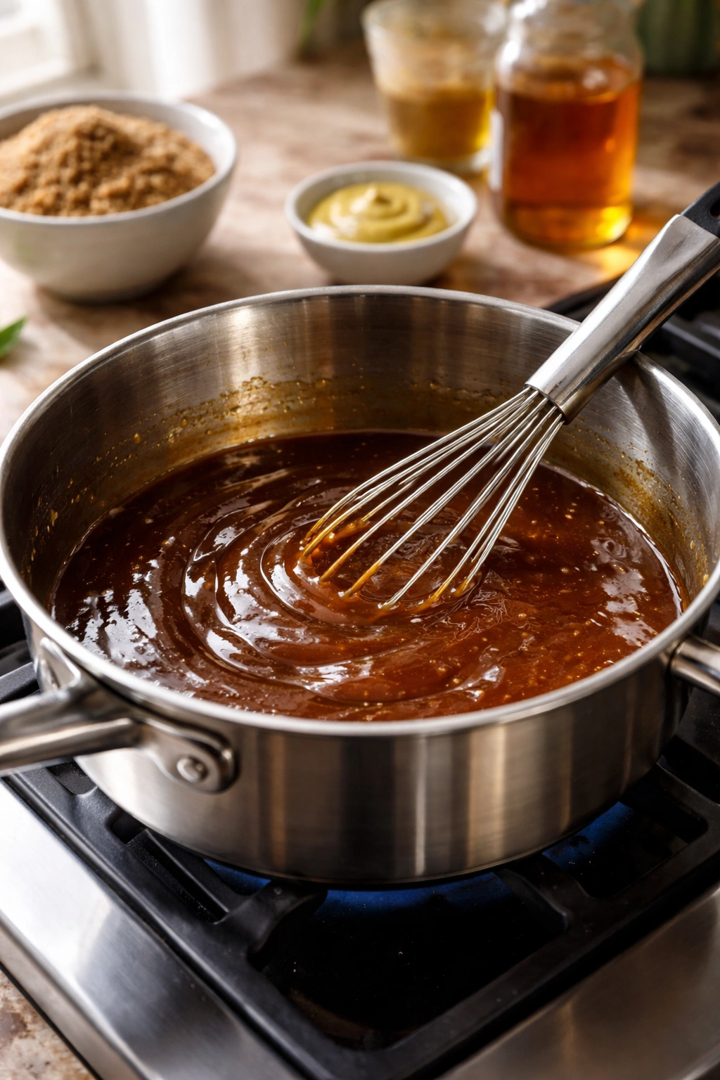 Close-up of glossy brown sugar glaze simmering in a small saucepan