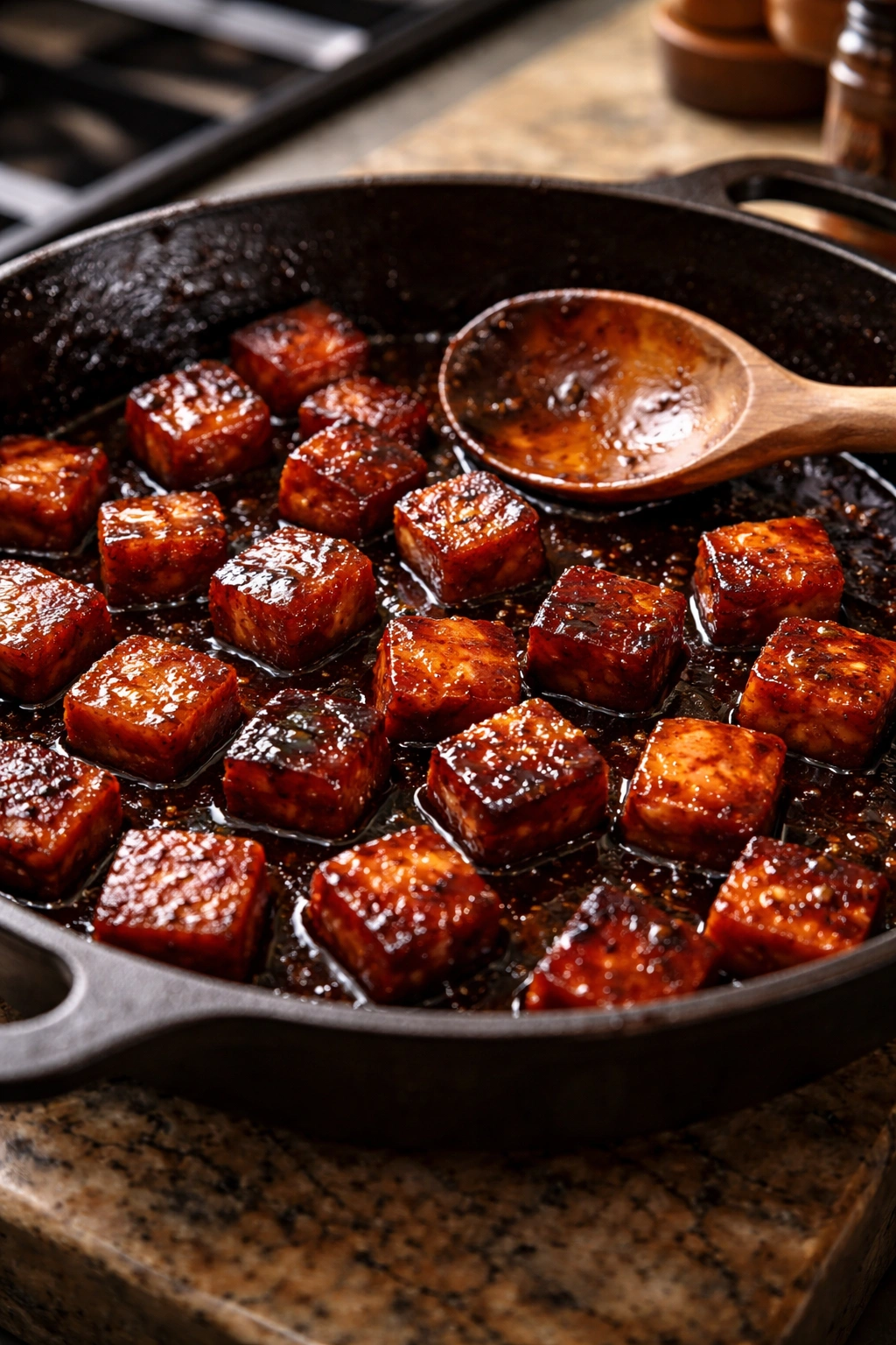 Glossy caramelized bologna pieces in a pan with a wooden spoon nearby