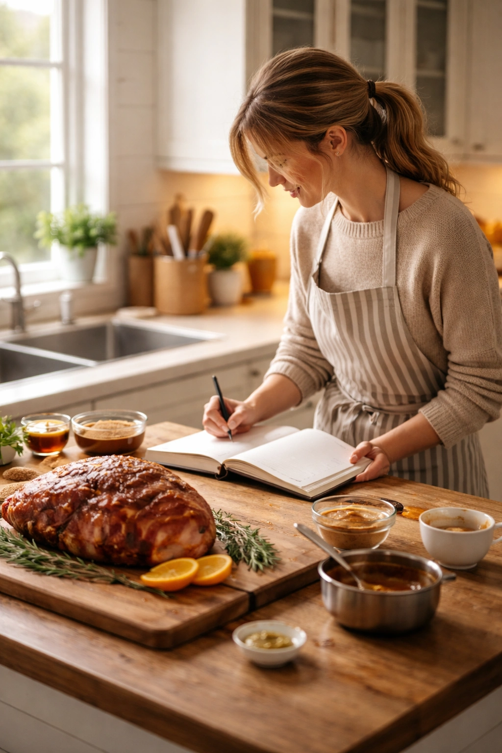 Person in a kitchen contemplating glaze FAQs with blank cookbook