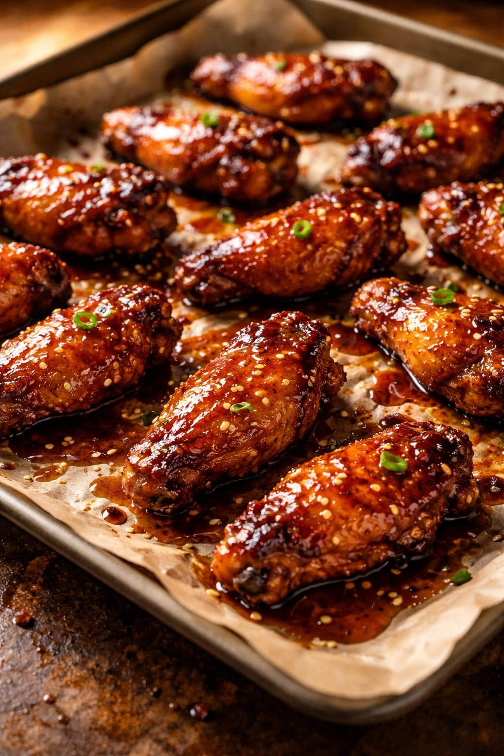 Glossy honey-soy glazed wings with thick caramelized glaze