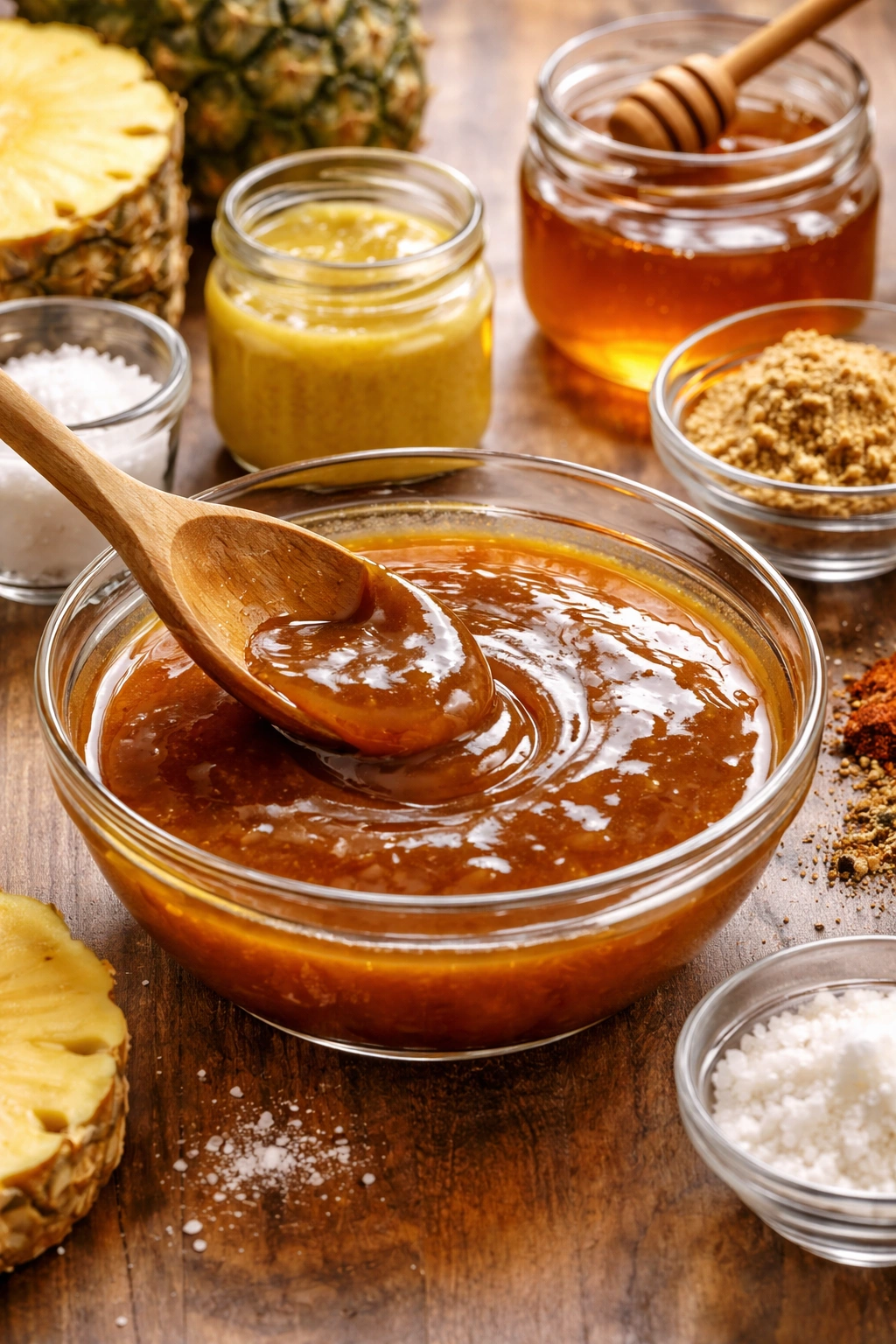 Glossy glaze in bowl with mustard, honey, and spices nearby