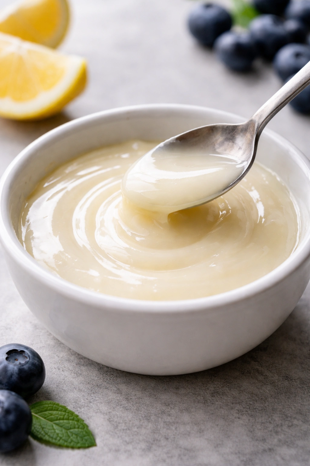 Close-up of glossy lemon glaze in a small bowl, smooth glassy surface
