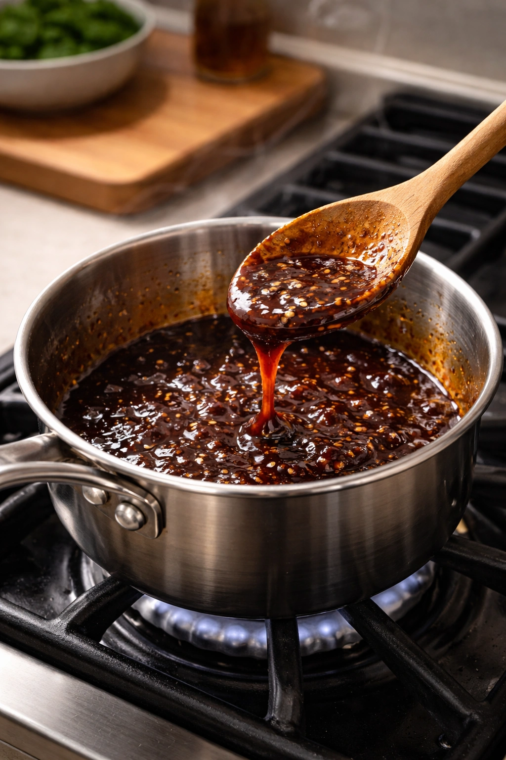 Glaze simmering in a saucepan, glossy and thick