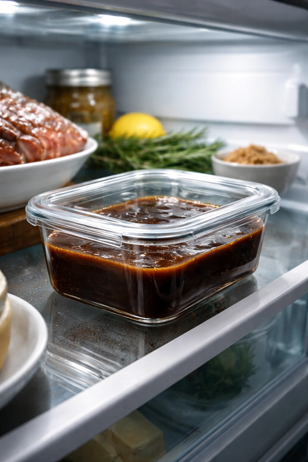 Glaze stored in fridge in a glass container