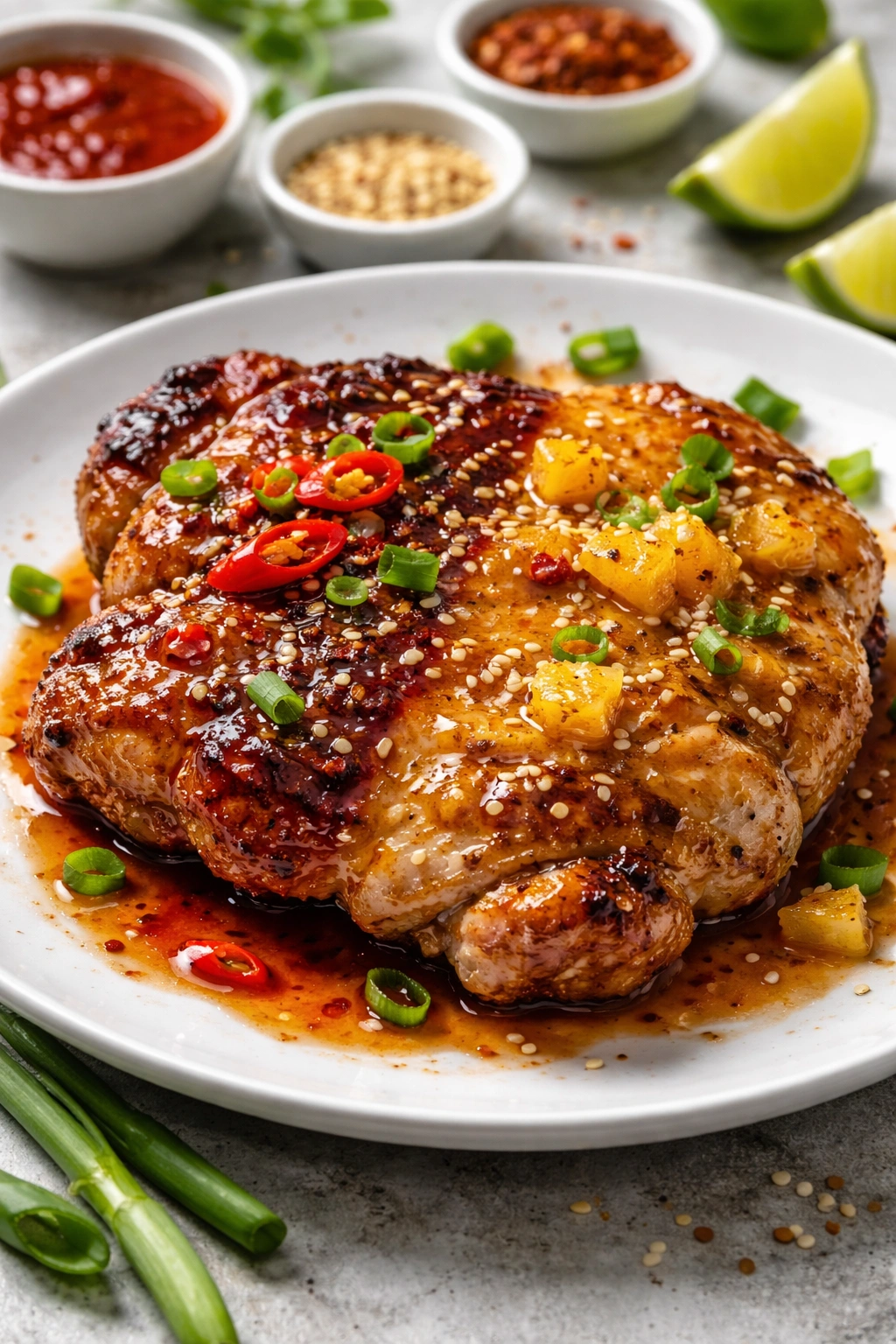 Chicken thigh with two-tone glaze showing variations