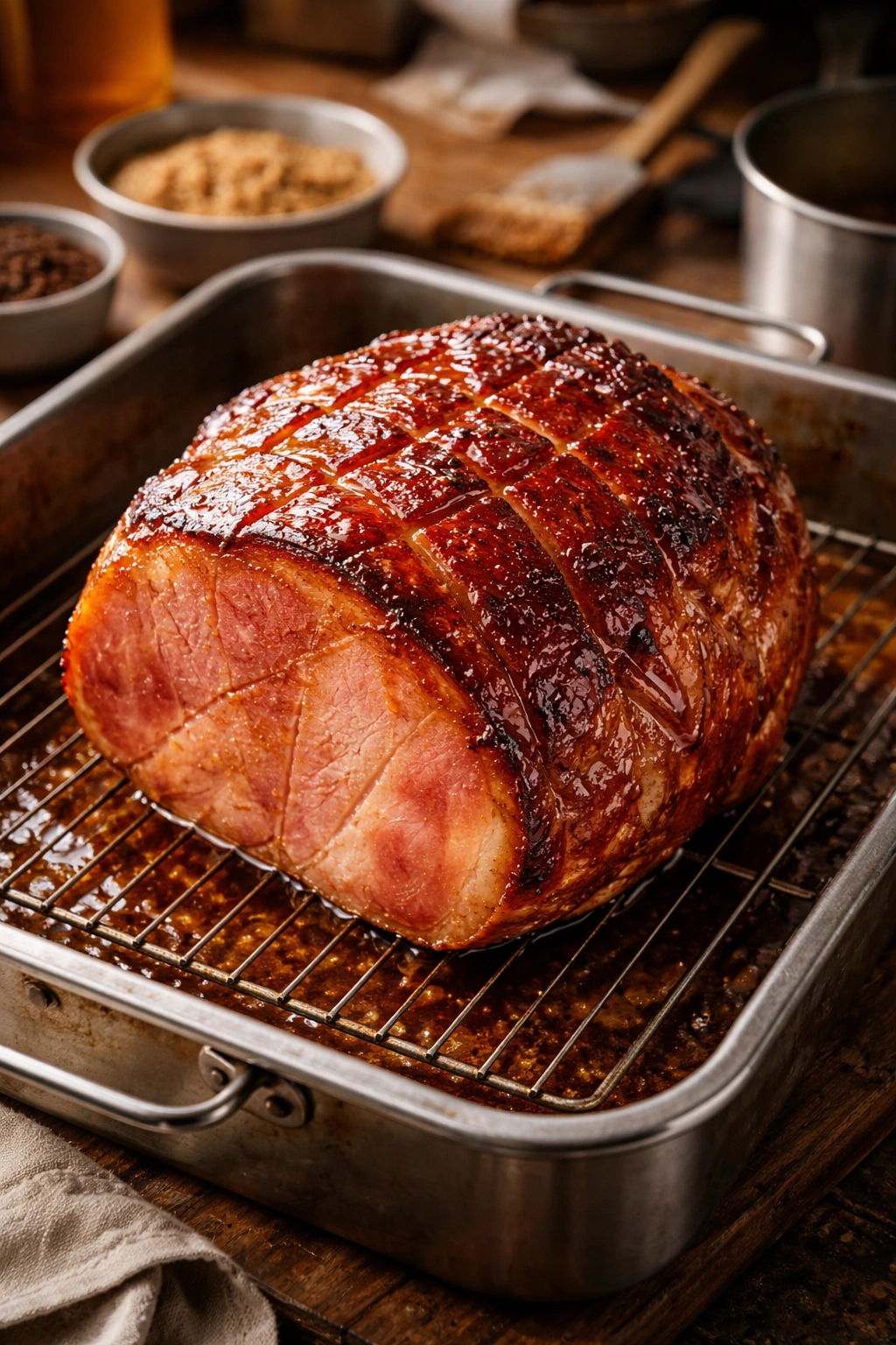 Glazed ham with a shiny caramelized surface on a rack