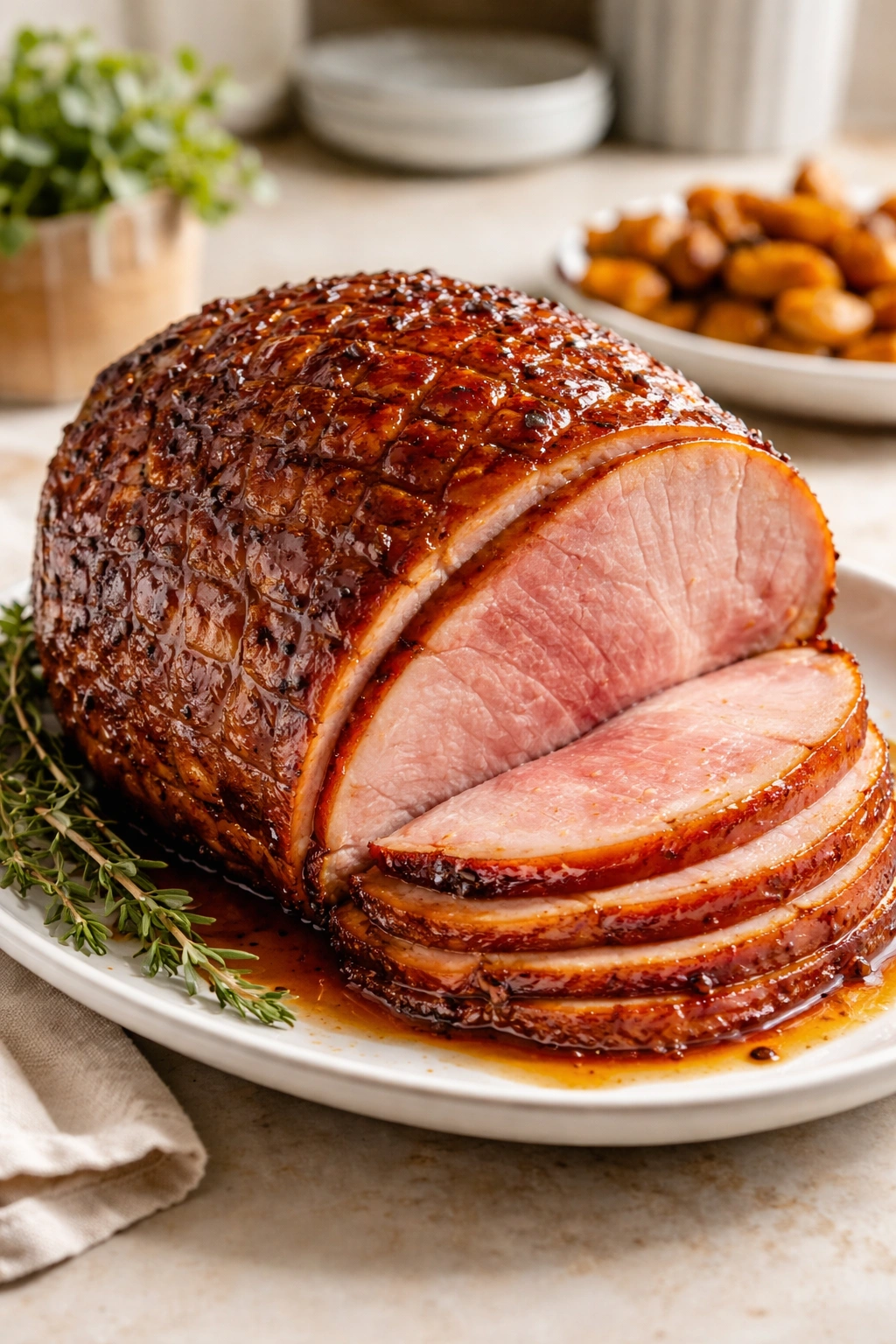 Glazed ham on a white plate with glossy glaze in warm kitchen