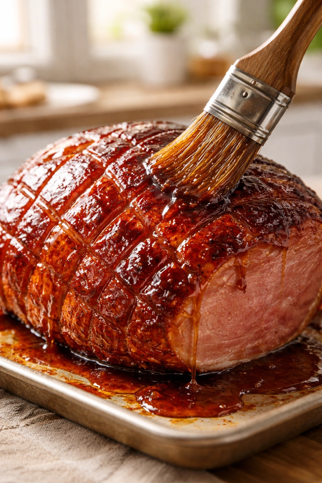 Close-up of a glazed ham surface with a glossy finish