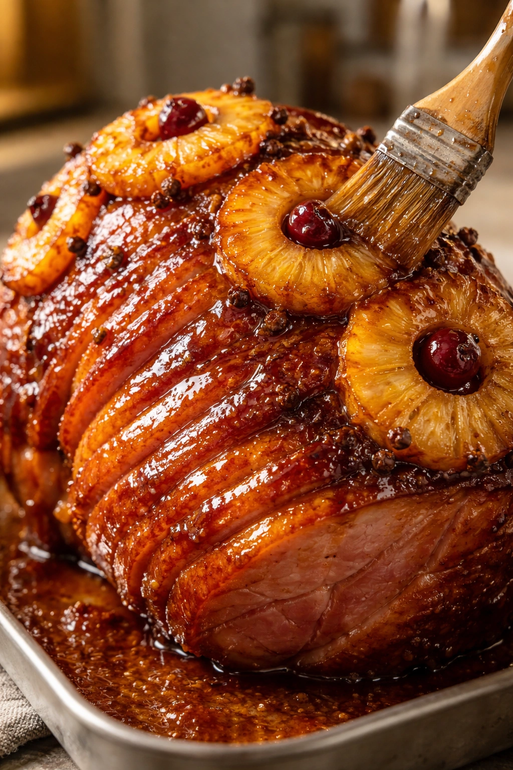 Glossy glazed ham surface showing moisture-retaining glaze