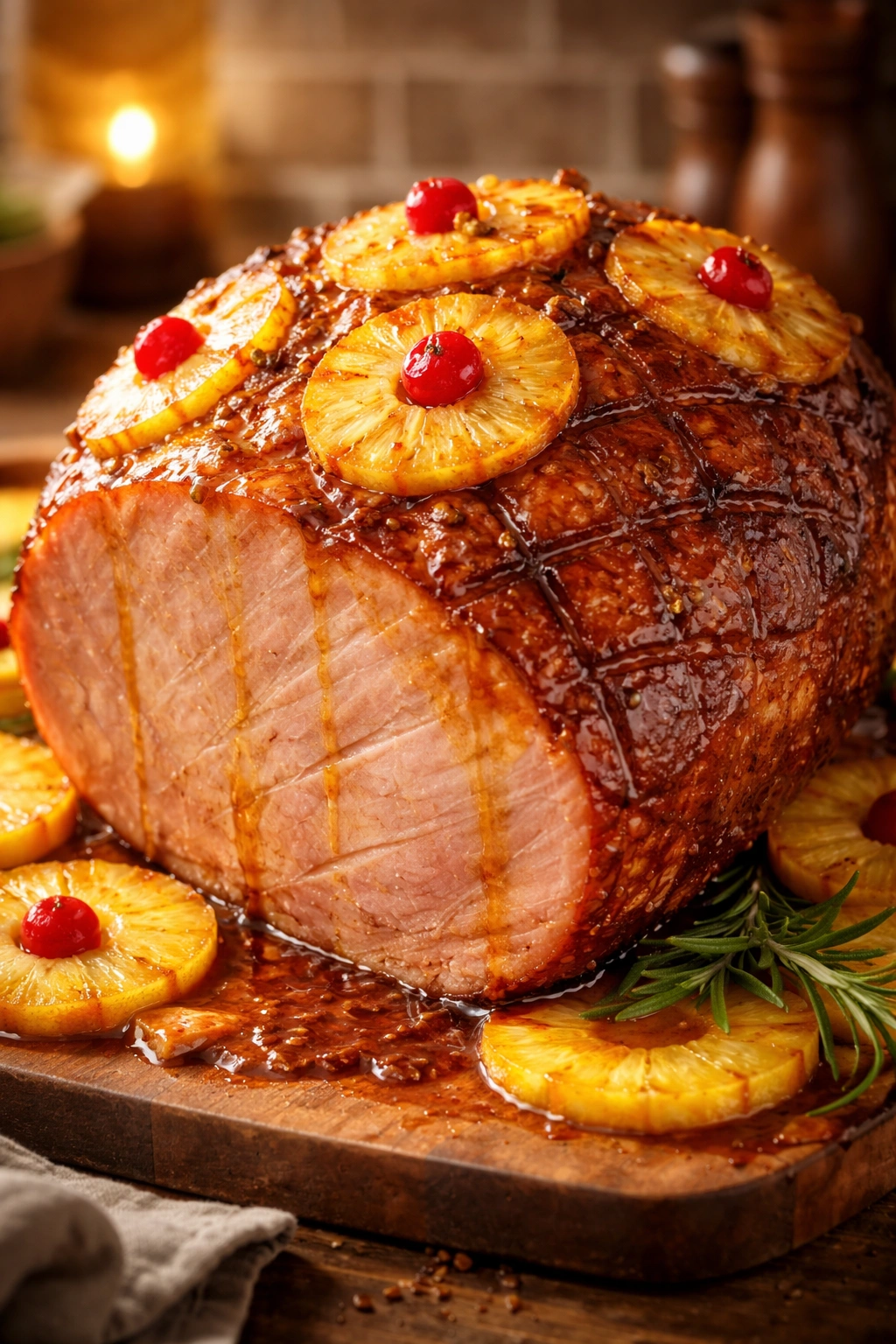 Close-up of a glazed pre-cooked smoked ham with diamond scoring and caramel glaze