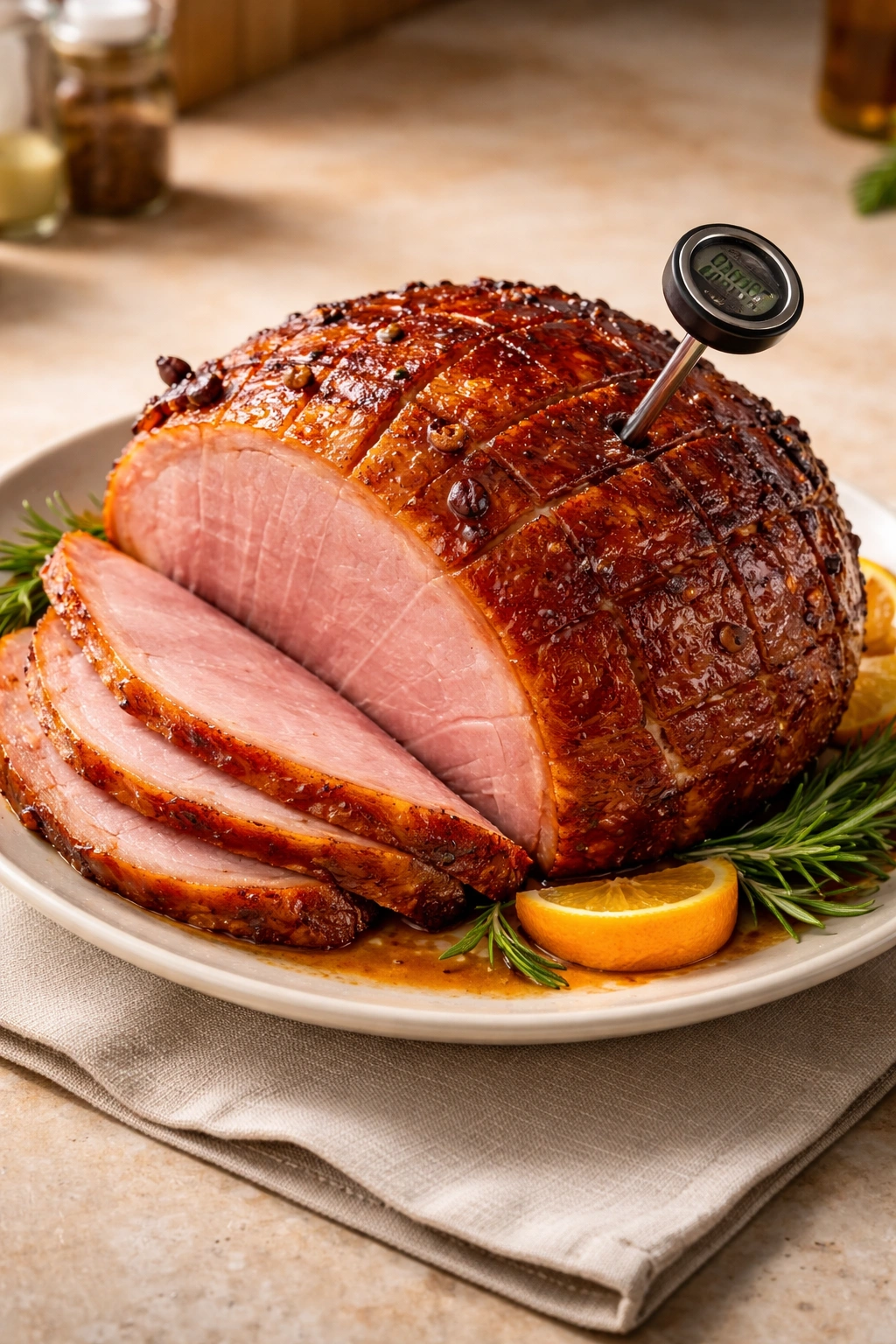 Close-up of glazed baked ham with thermometer showing doneness on a plain platter