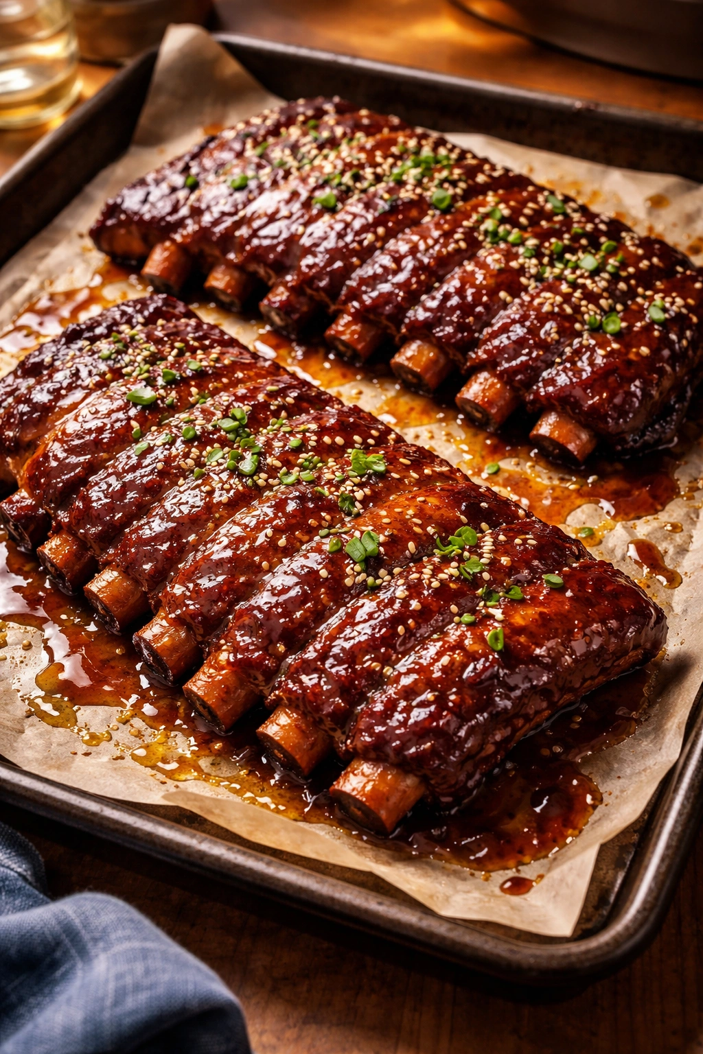 Glossy glazed Korean sticky ribs on parchment-lined sheet in warm kitchen lighting