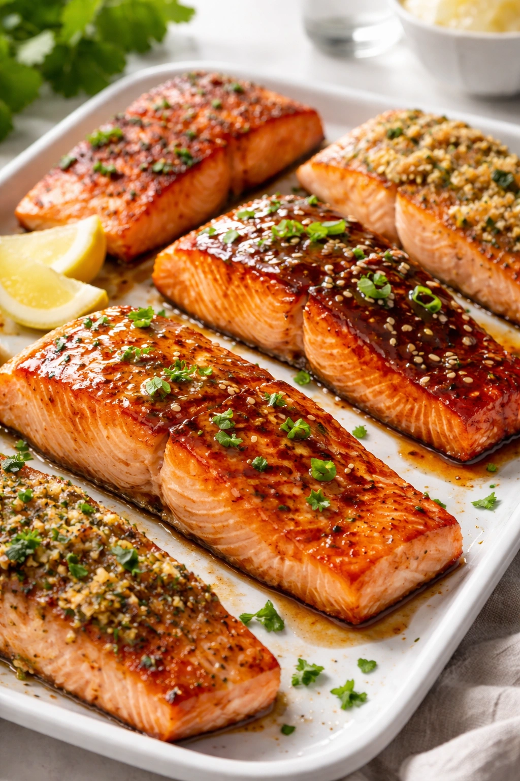 Salmon fillet with glossy glaze ready for flavor variations