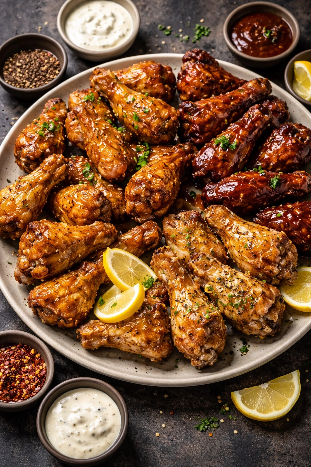 Crispy wings with glossy finishes representing sauces beyond buffalo