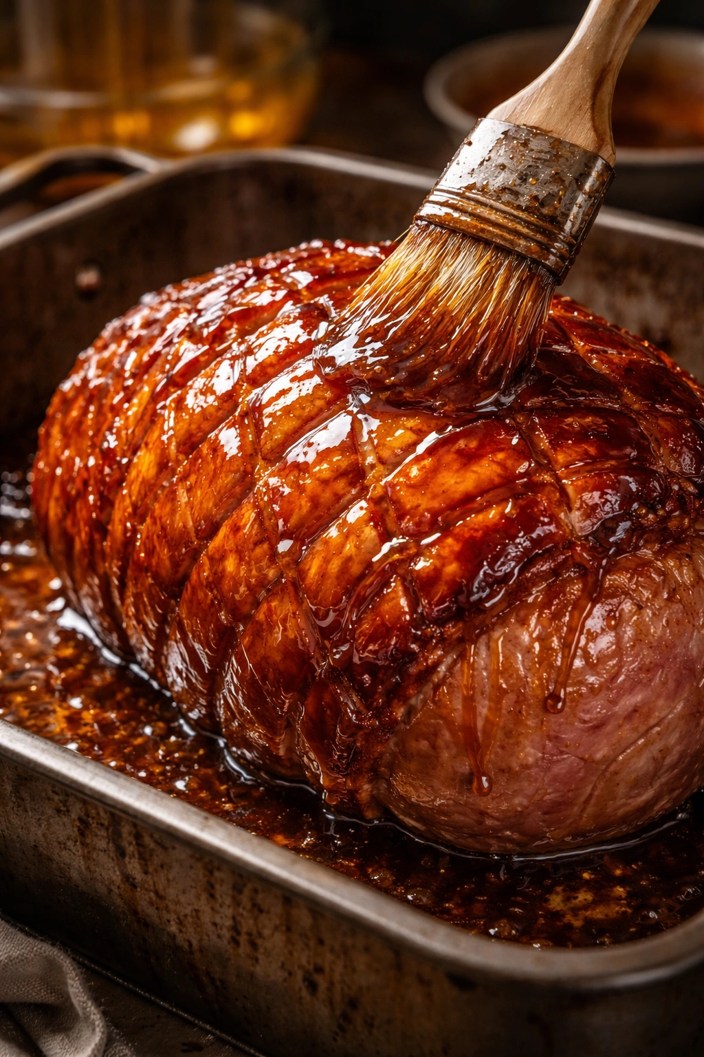Close-up of glaze being brushed onto a roasted ham showing glossy caramelization