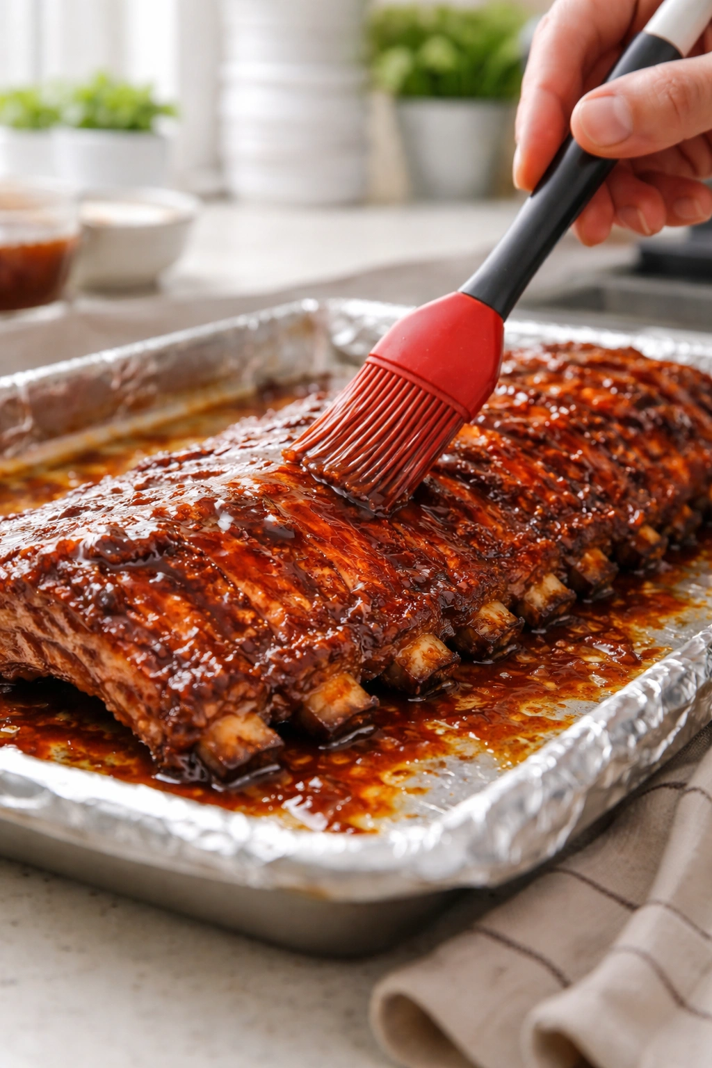 Hands brushing glaze onto ribs for flawless finish