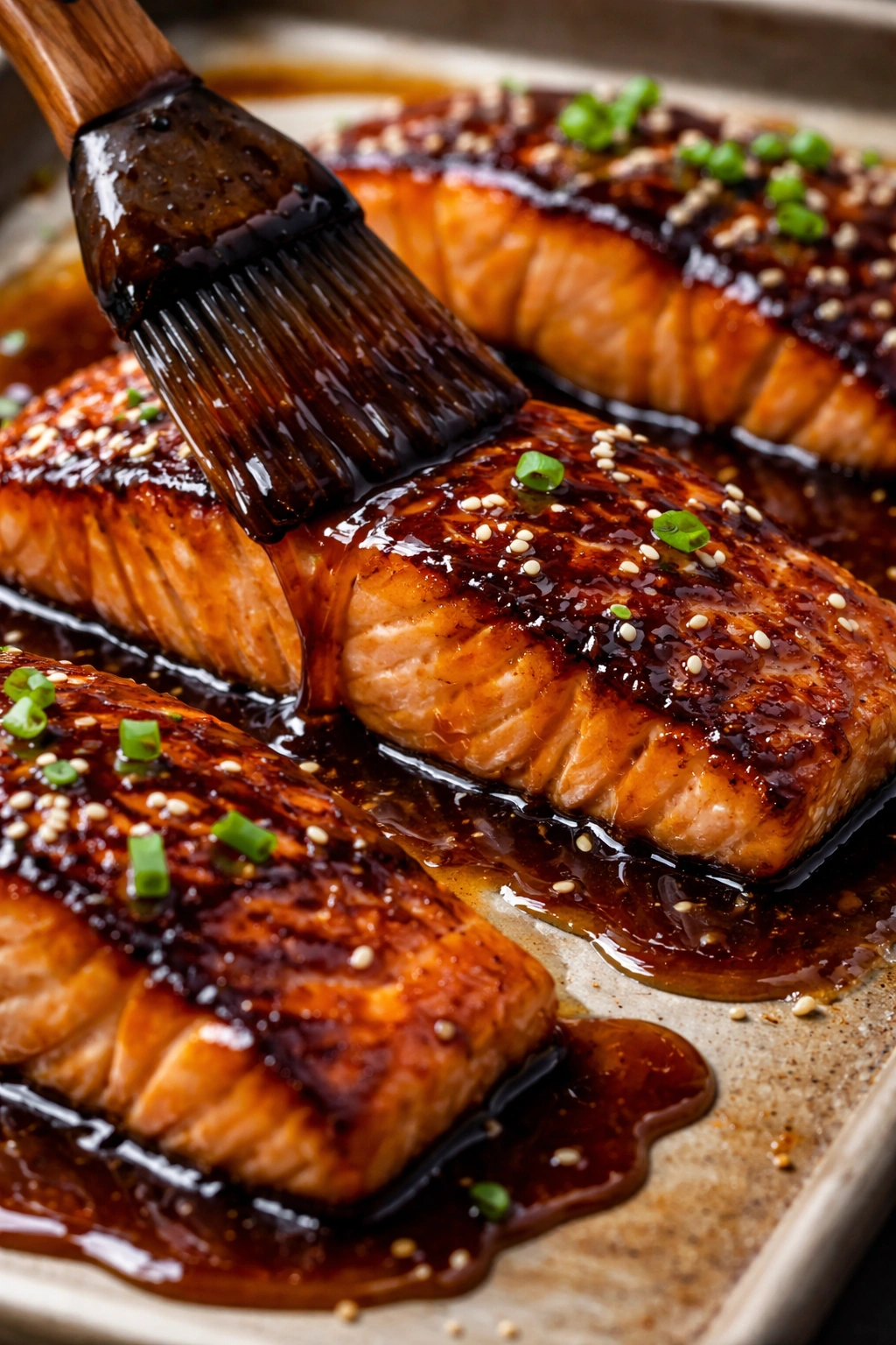 Glossy glaze pooling with thick, even texture on a neutral surface.