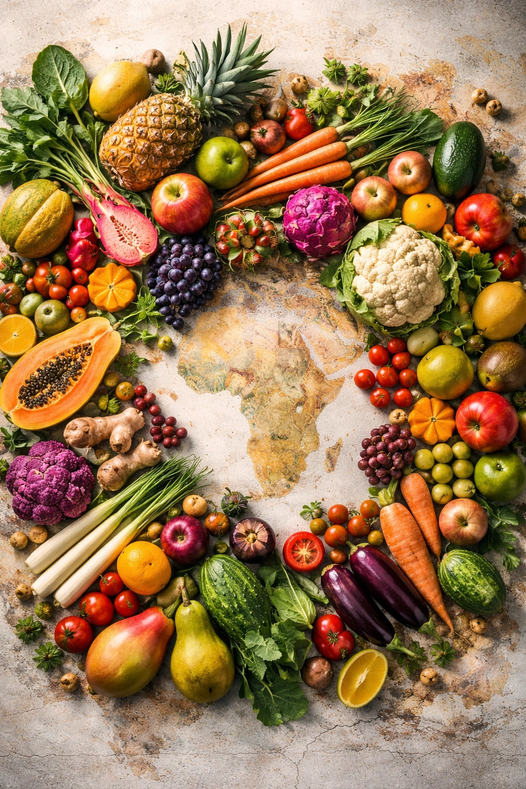 Fruits and vegetables from diverse climates with a world texture background