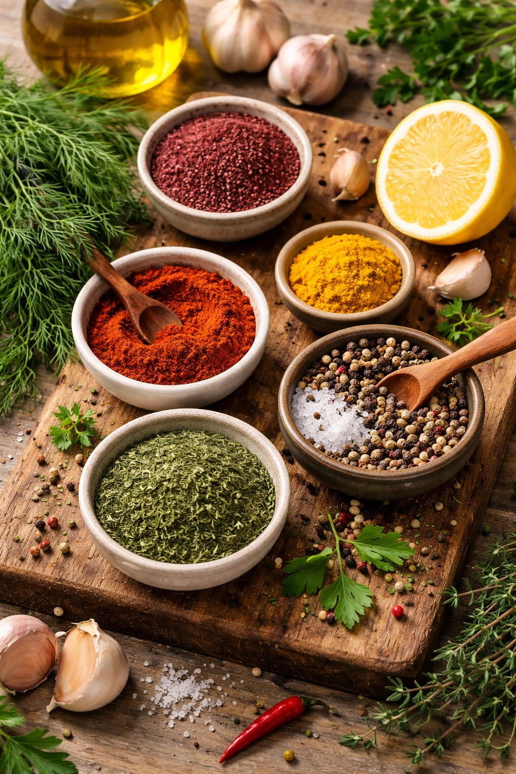 Assortment of global spices and herbs arranged on a board for sheet-pan chicken flavor twists