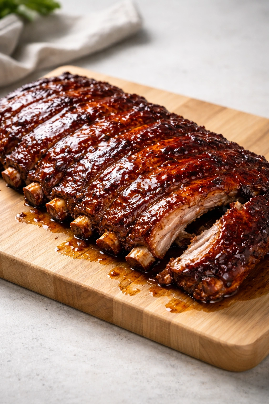 Glossy ribs with tender meat near bone on neutral backdrop