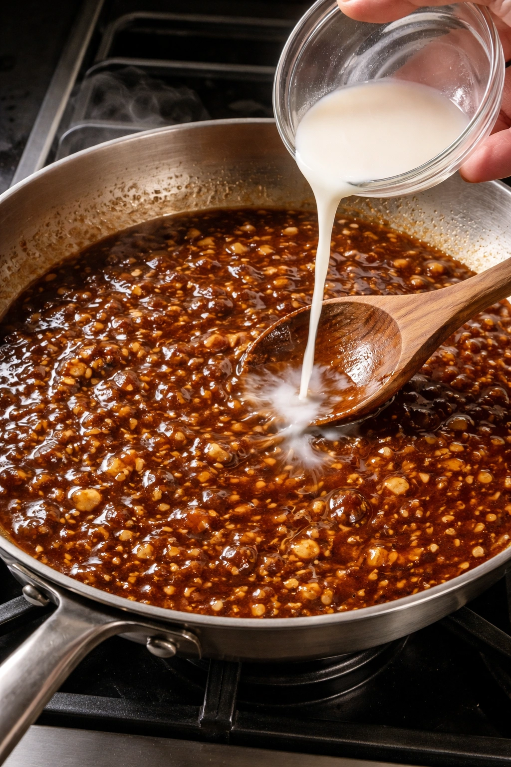 Glossy bubbling sauce with garlic and ginger in a pan