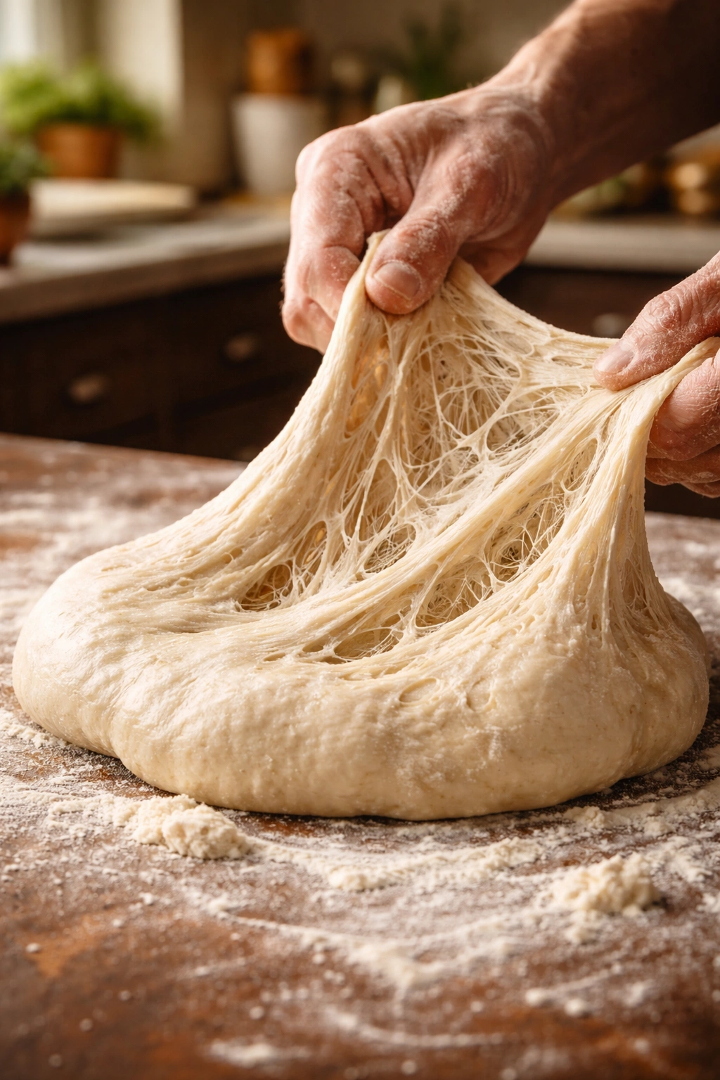 Close-up of dough showing gluten strands forming a network during kneading.