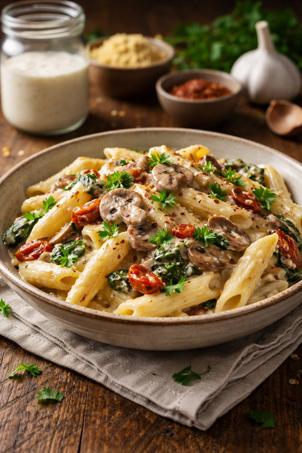 Gluten-free pasta with coconut-based sauce in rustic bowl