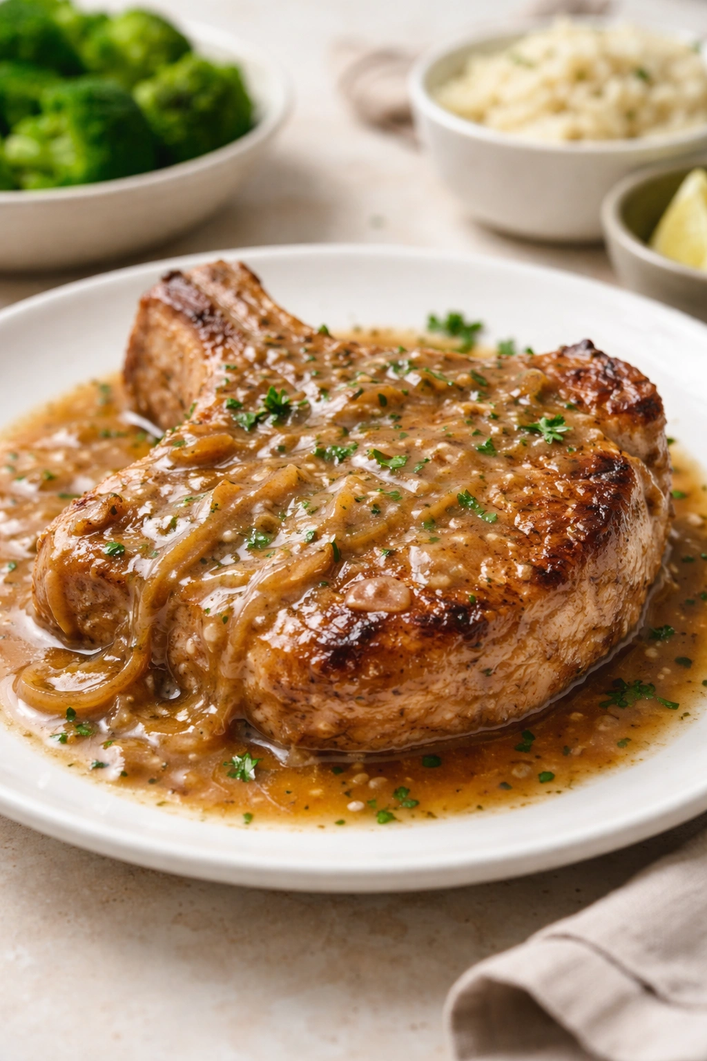 Pork chop with dairy-free gluten-free gravy on plate