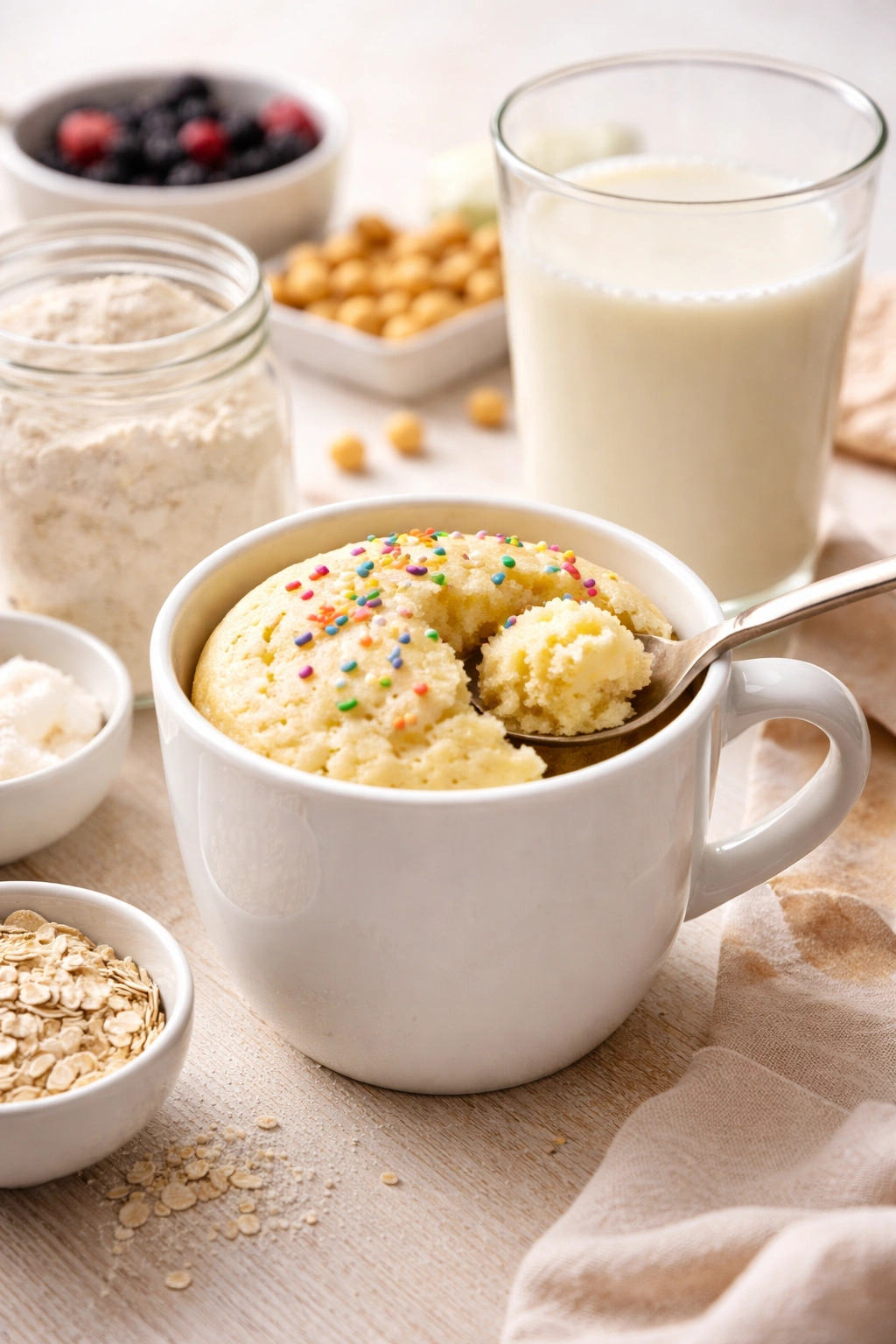 Mug cake with plant-based milk on a wooden surface