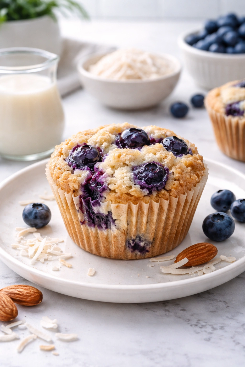 Muffin on a plate showing light crumb, gluten-free and dairy-free style
