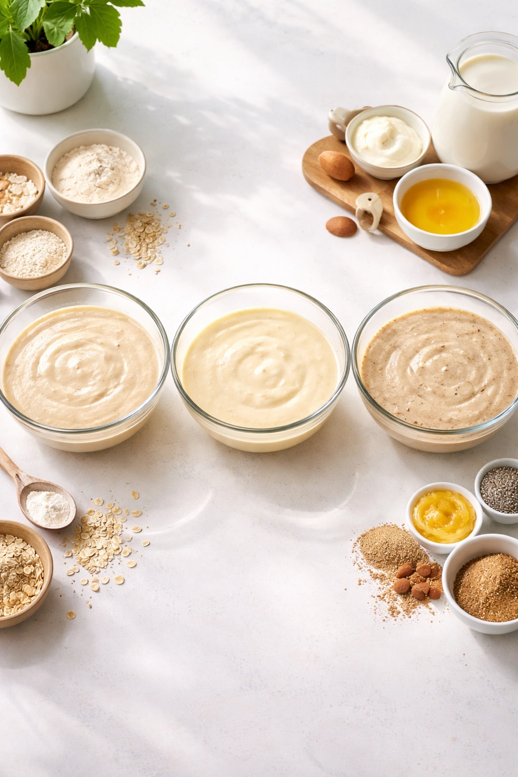 Three bowls of pancake batter showing gluten-free, dairy-free, and vegan adaptations