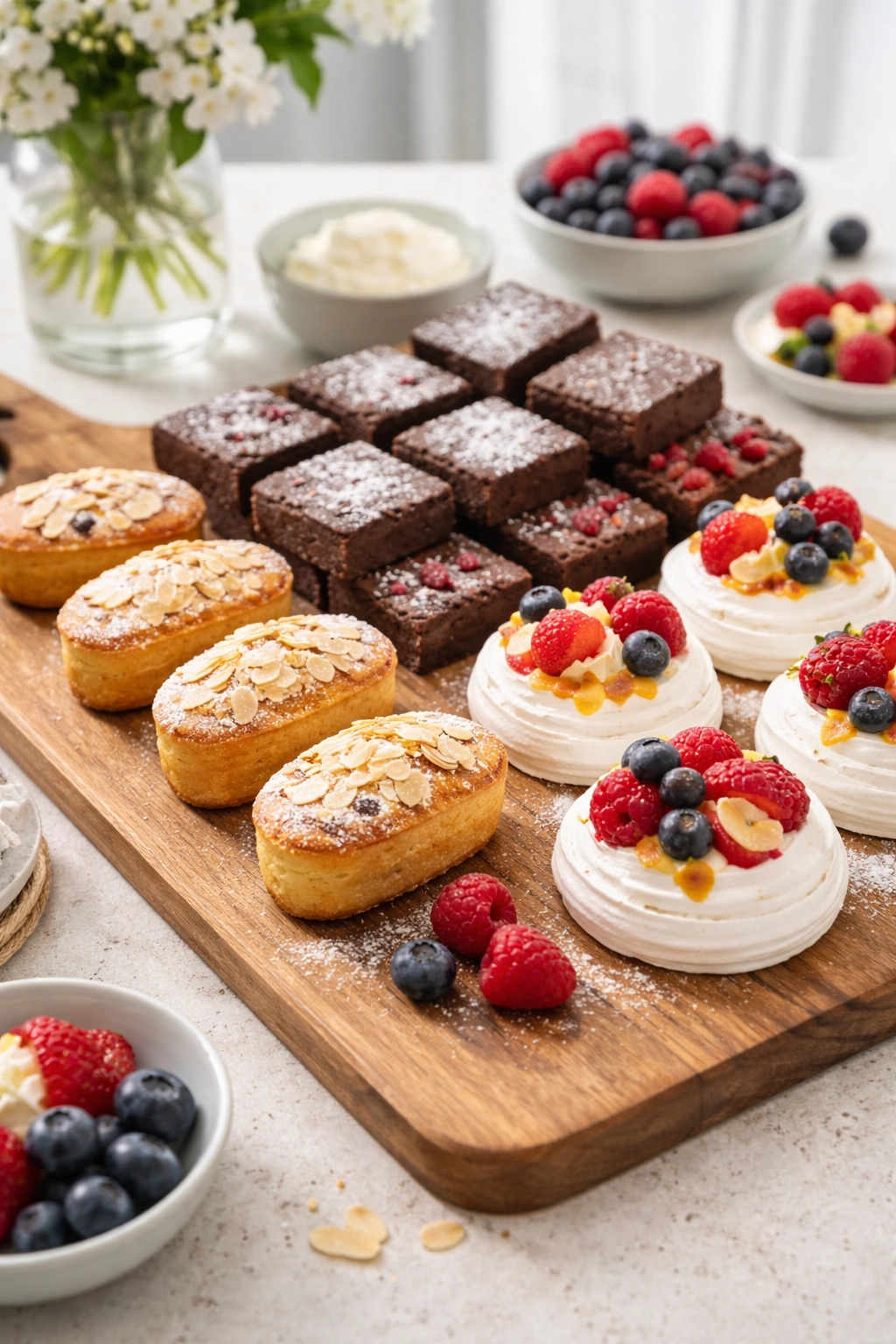Close-up of gluten-free almond friands, pavlova, and brownies on a wooden board in a bright kitchen