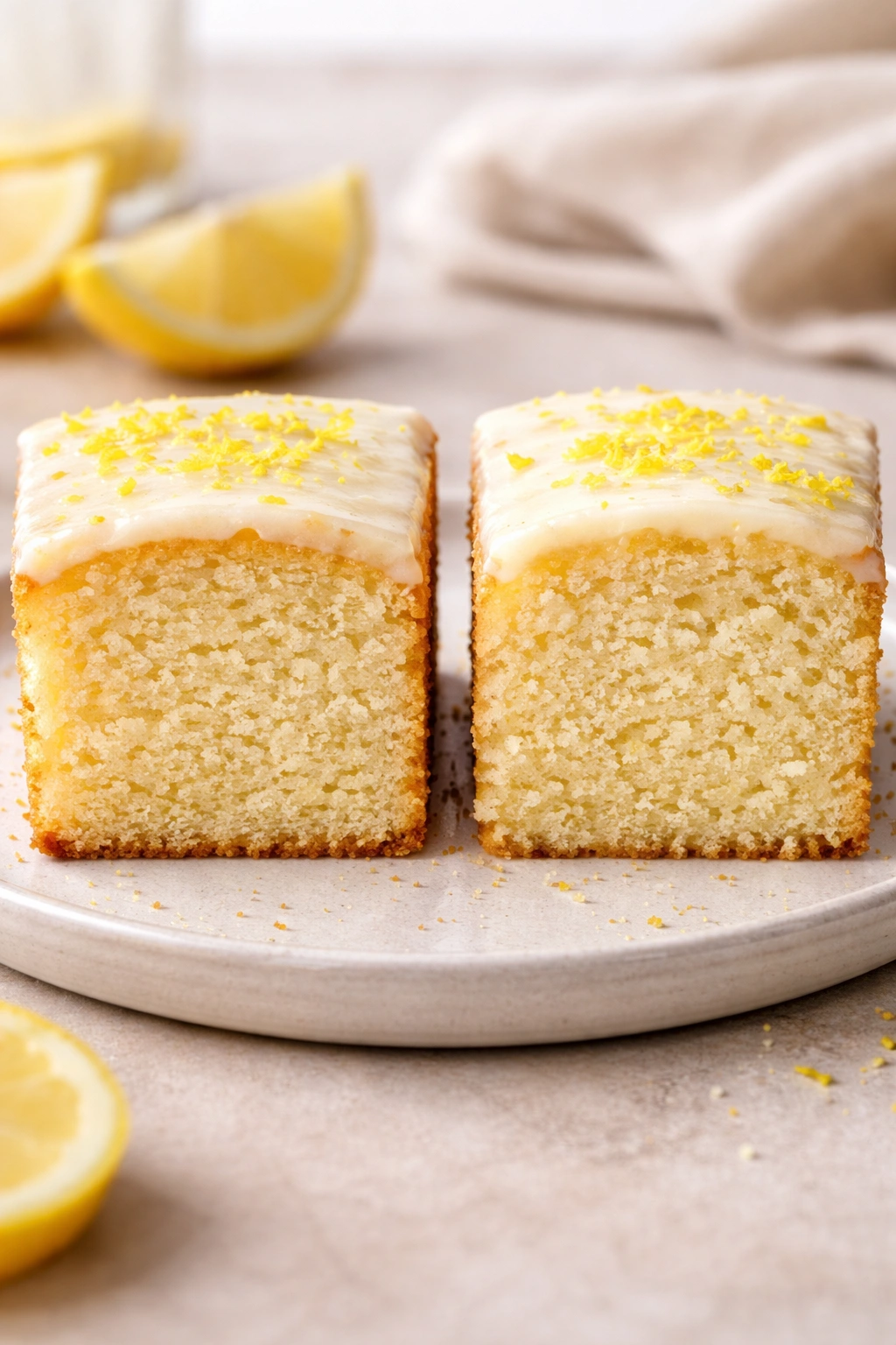 Two lemon cake slices showing different crumb textures for gluten-free comparison