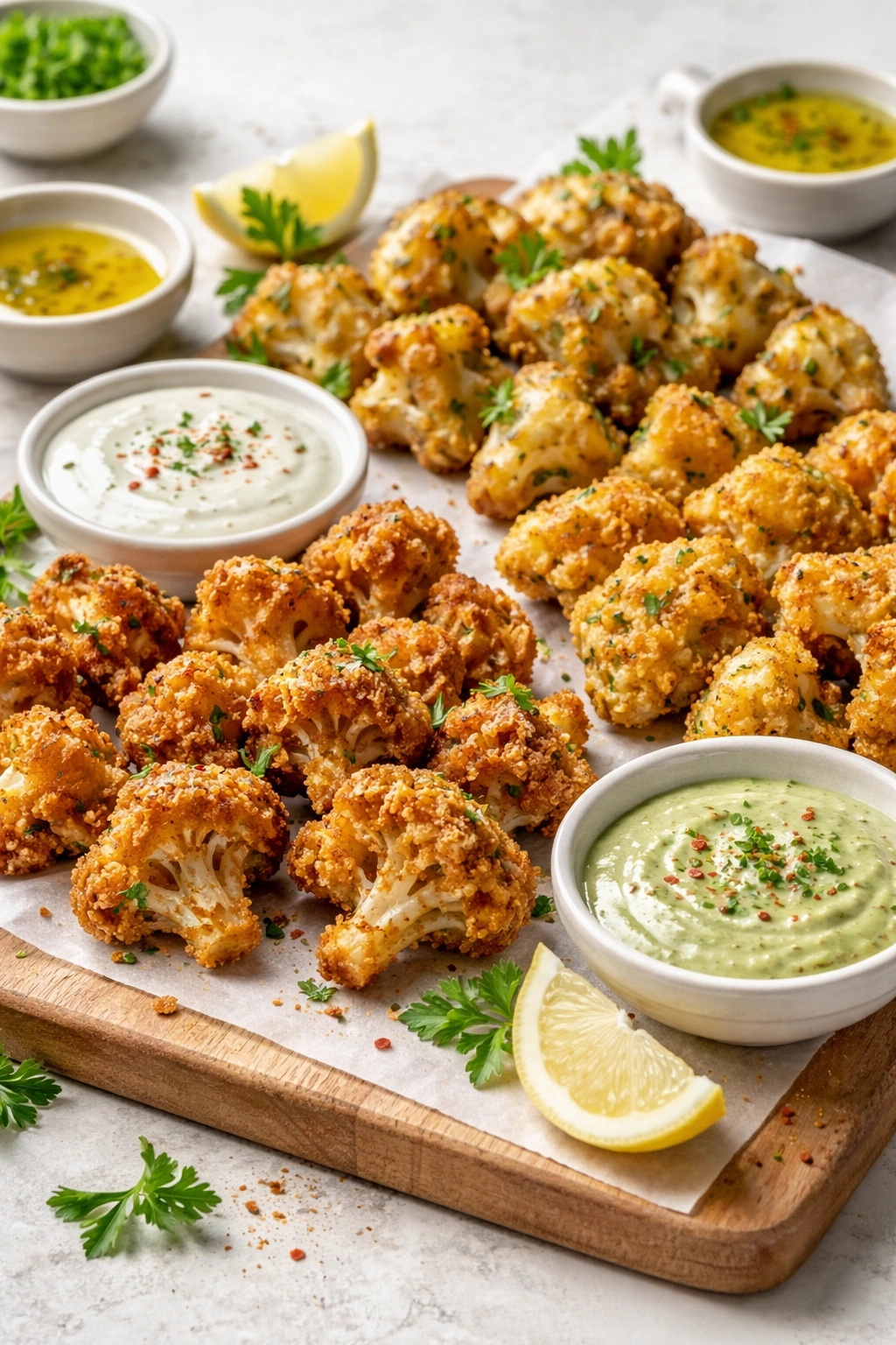 Cauliflower bites with gluten-free batter and vegan topping