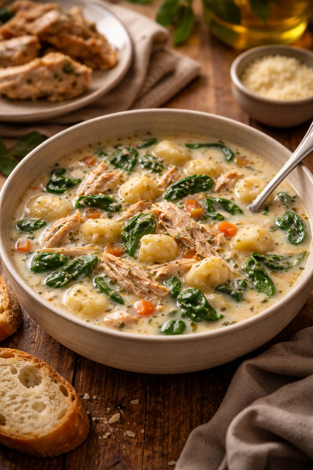 Creamy gnocchi soup with rotisserie chicken and spinach